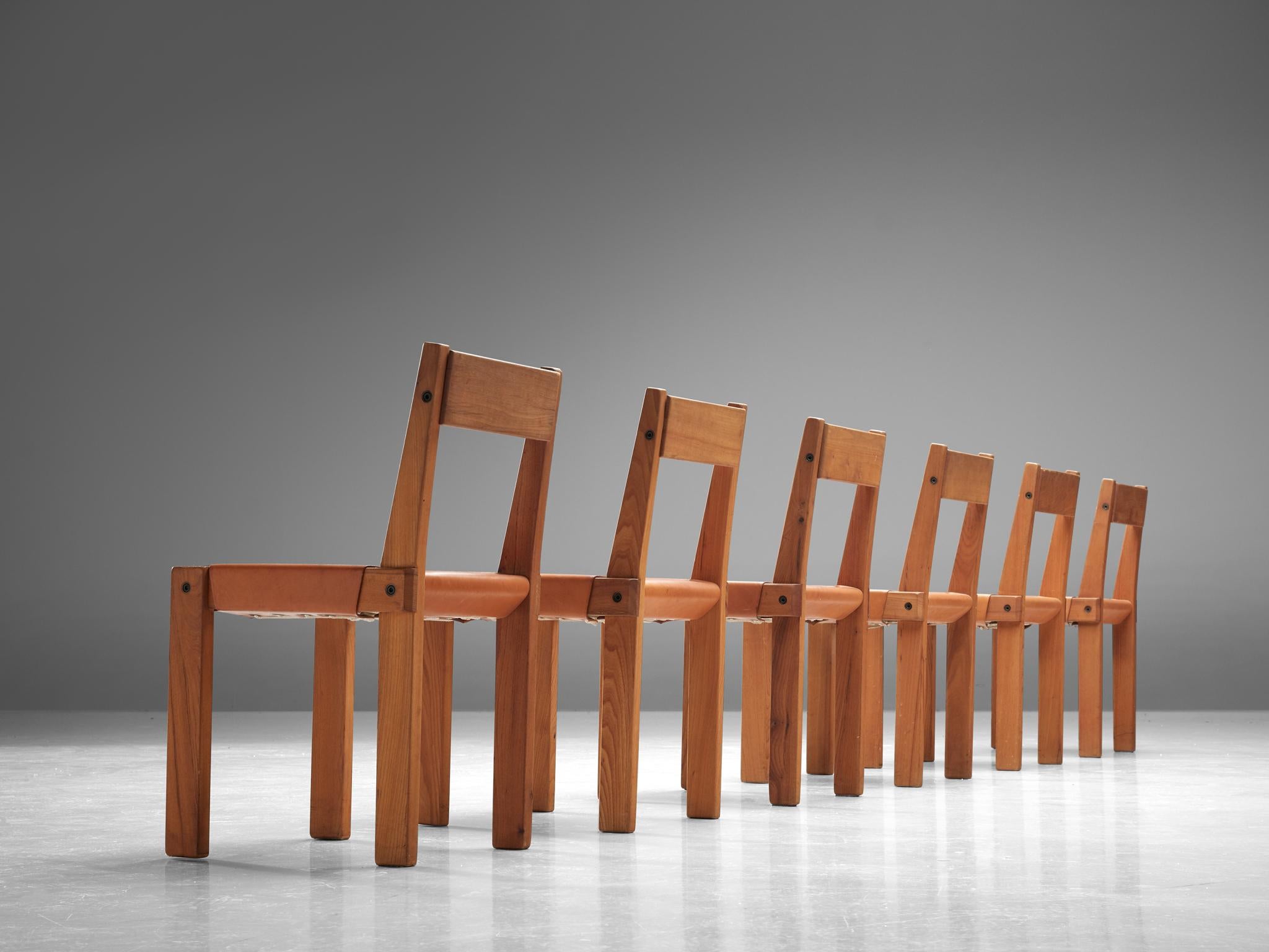 French Pierre Chapo Set of Six 'S24' Chairs in Solid Elm and Cognac Leather