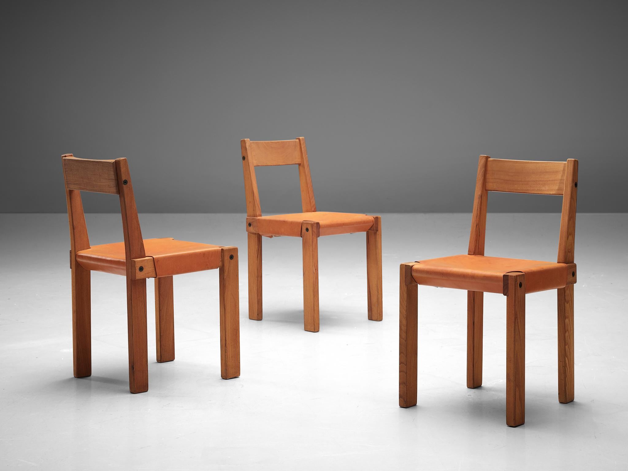 Pierre Chapo Set of Six 'S24' Chairs in Solid Elm and Cognac Leather In Good Condition In Waalwijk, NL
