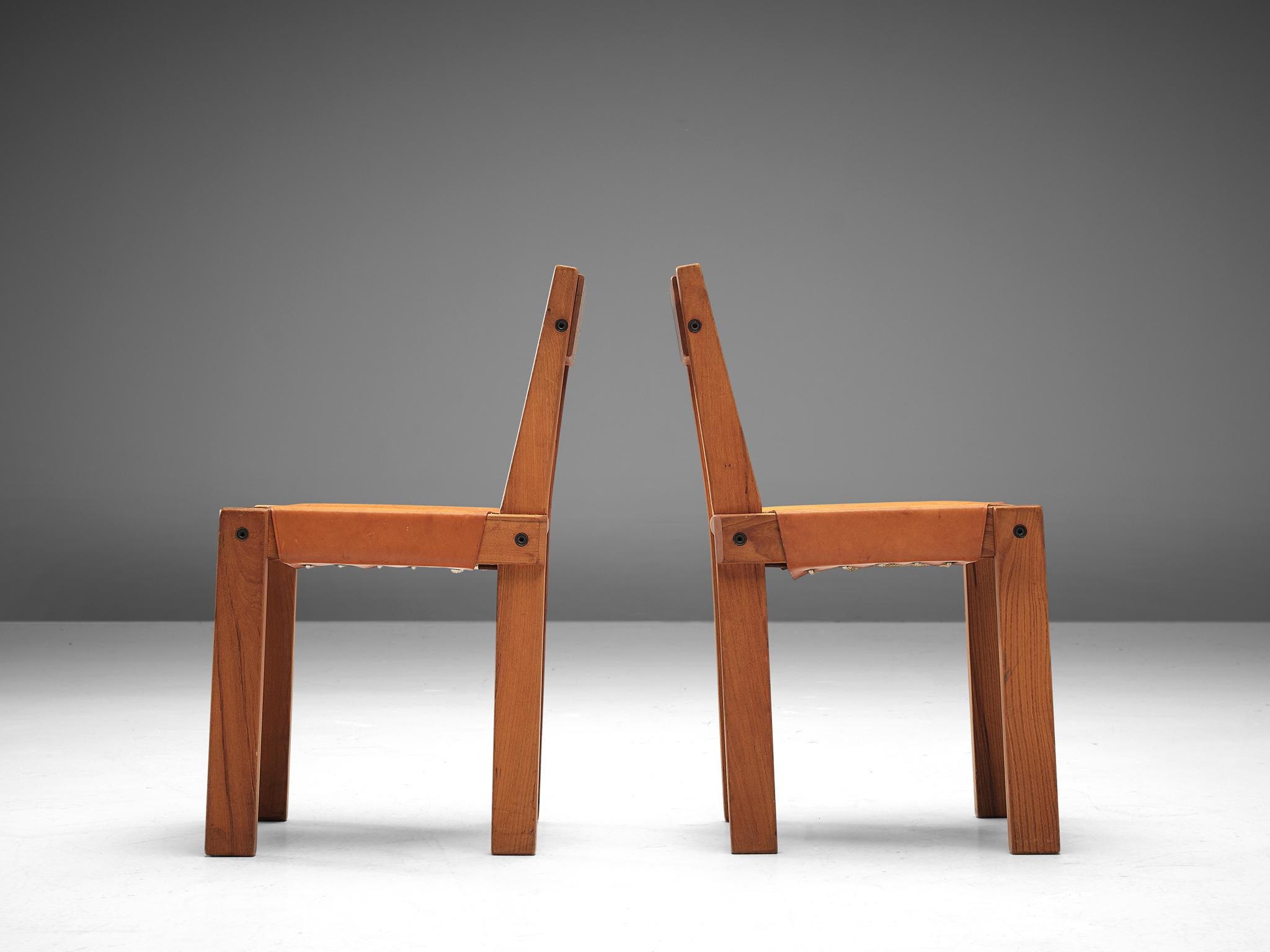 Mid-20th Century Pierre Chapo Set of Six 'S24' Chairs in Solid Elm and Cognac Leather