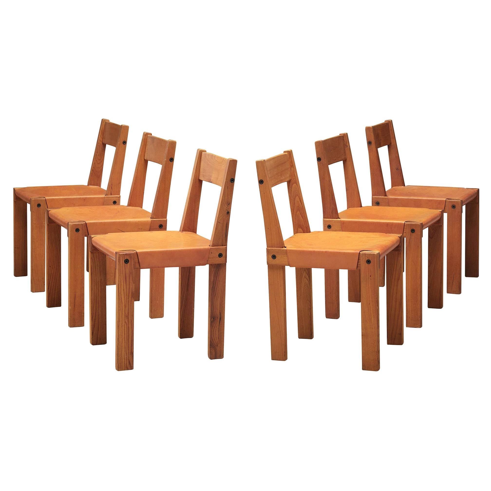 Pierre Chapo Set of Six 'S24' Chairs in Solid Elm and Cognac Leather