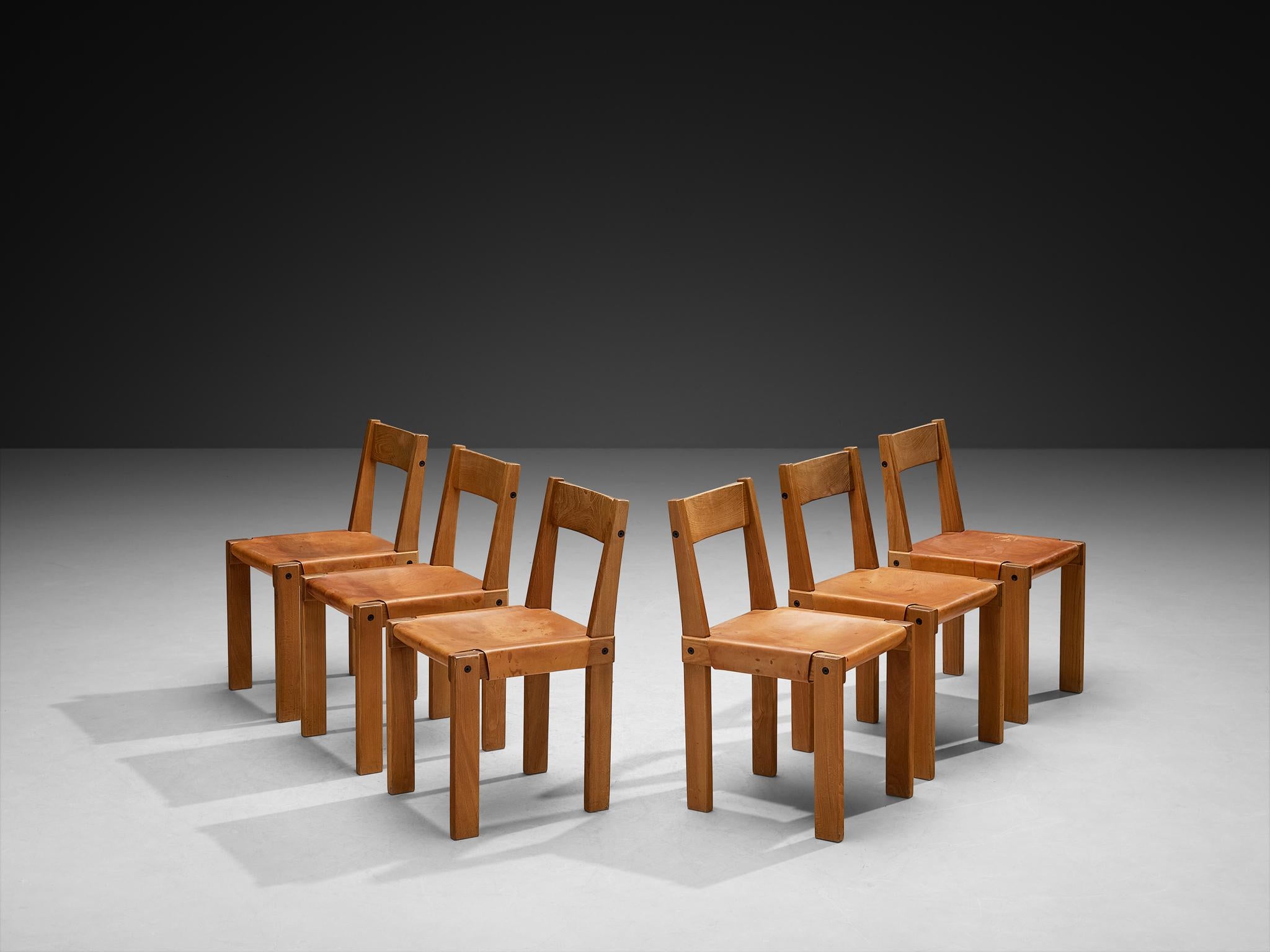 Francese Pierre Chapo Set di sei sedie da pranzo 'S24' in pelle cognac e olmo