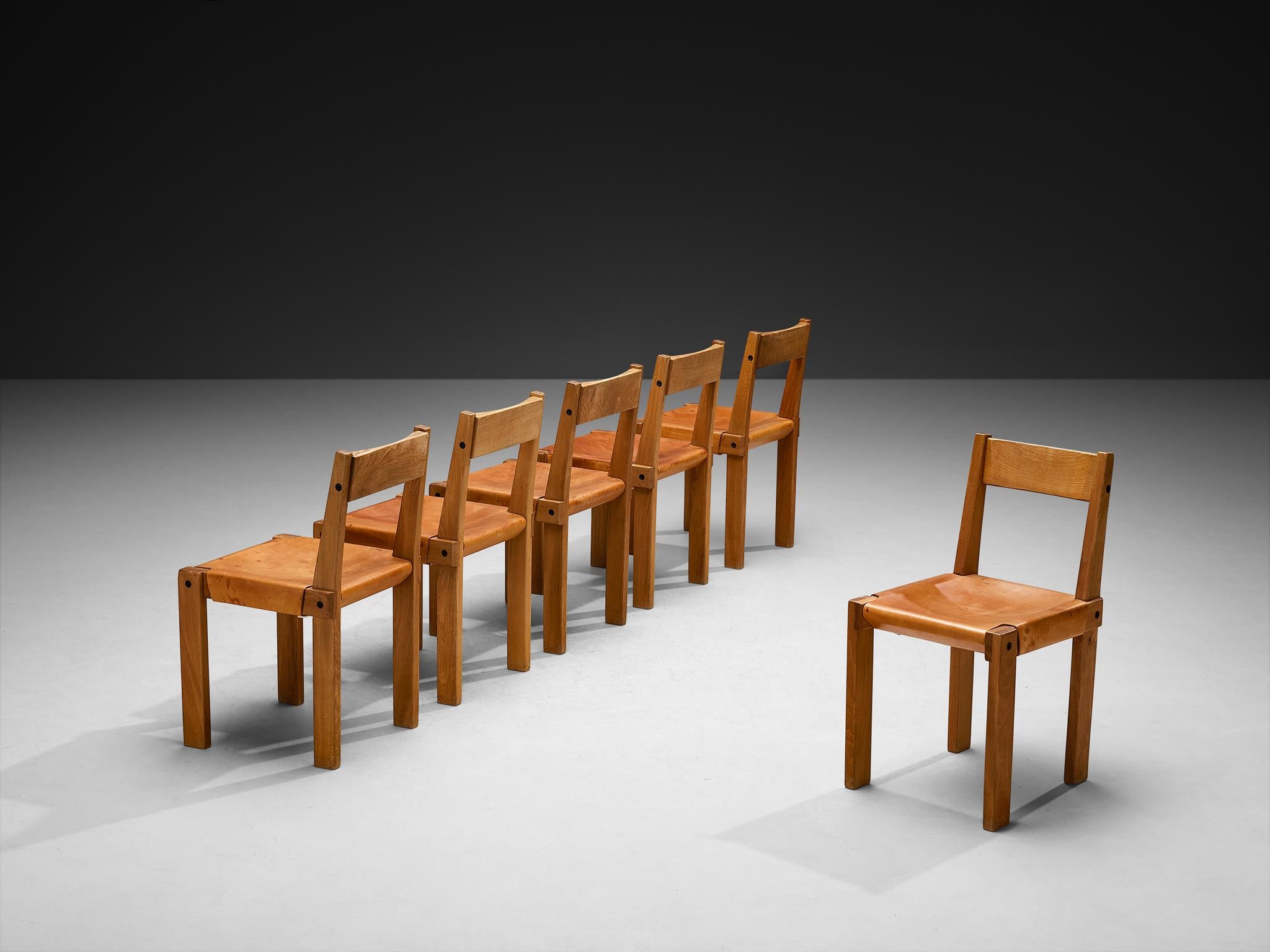 Pierre Chapo Set di sei sedie da pranzo 'S24' in pelle cognac e olmo 1