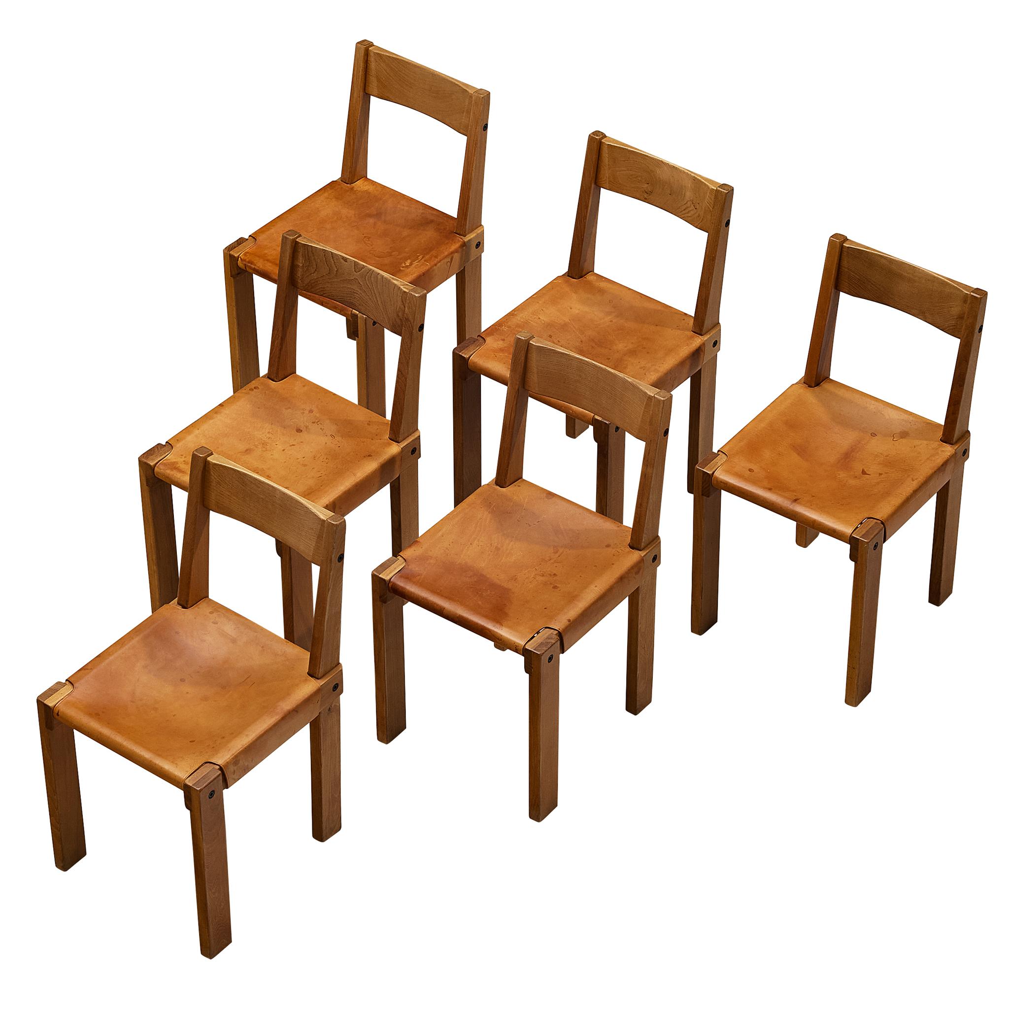 Pierre Chapo Set di sei sedie da pranzo 'S24' in pelle cognac e olmo