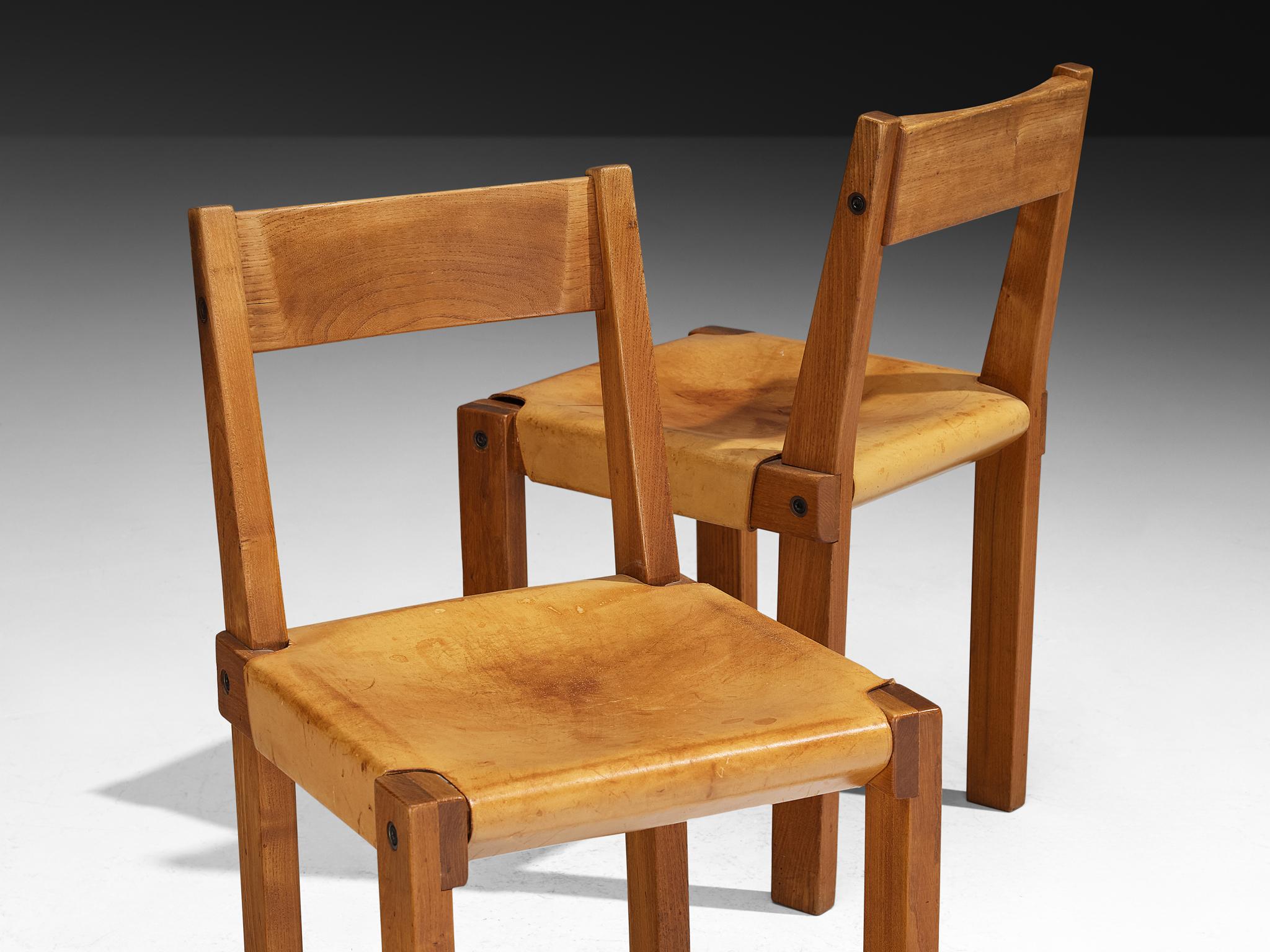 Pierre Chapo Set of Six 'S24' Dining Chairs in Cognac Leather (Moderne der Mitte des Jahrhunderts) im Angebot