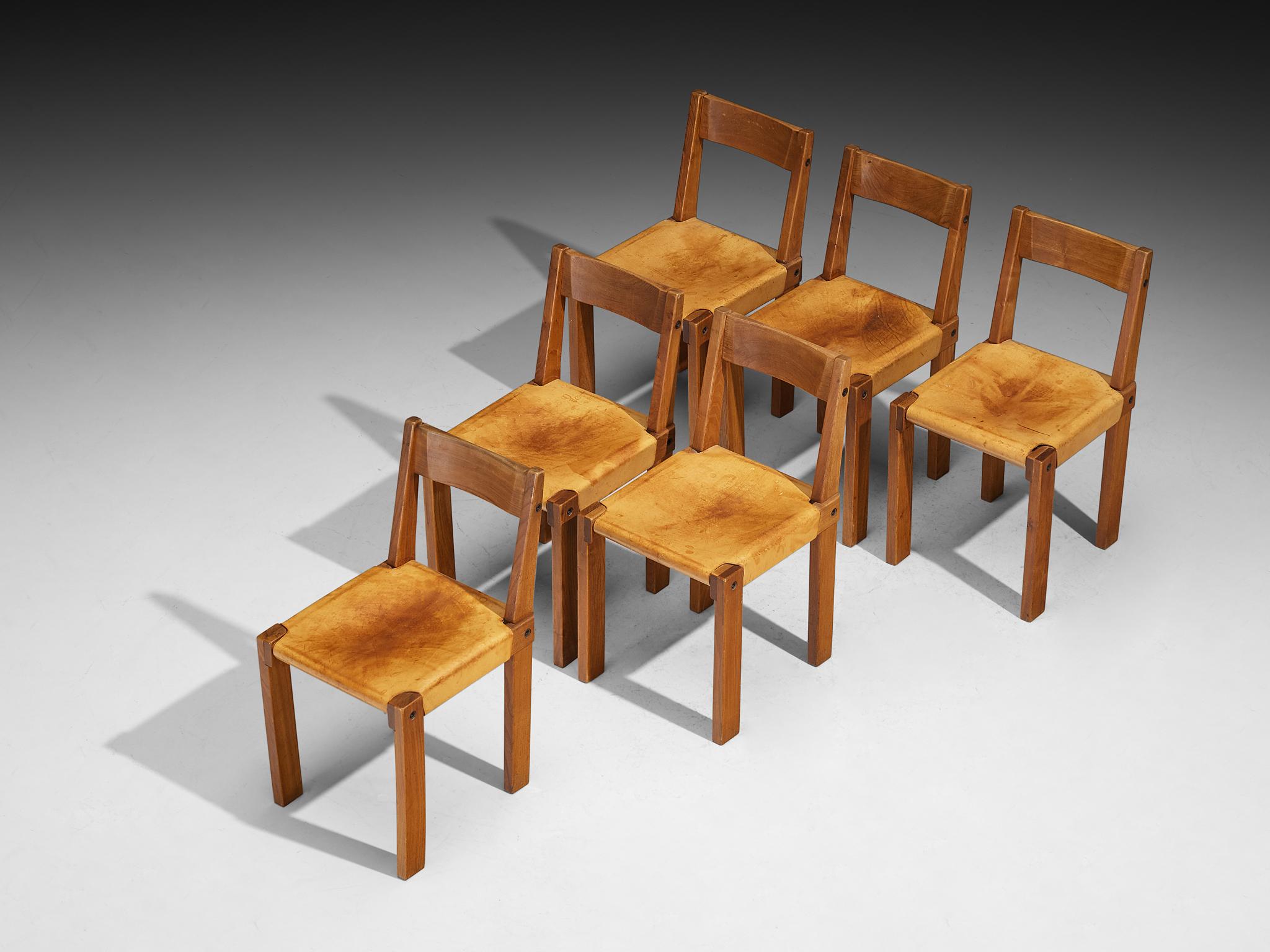 Pierre Chapo Set of Six 'S24' Dining Chairs in Cognac Leather (Französisch) im Angebot