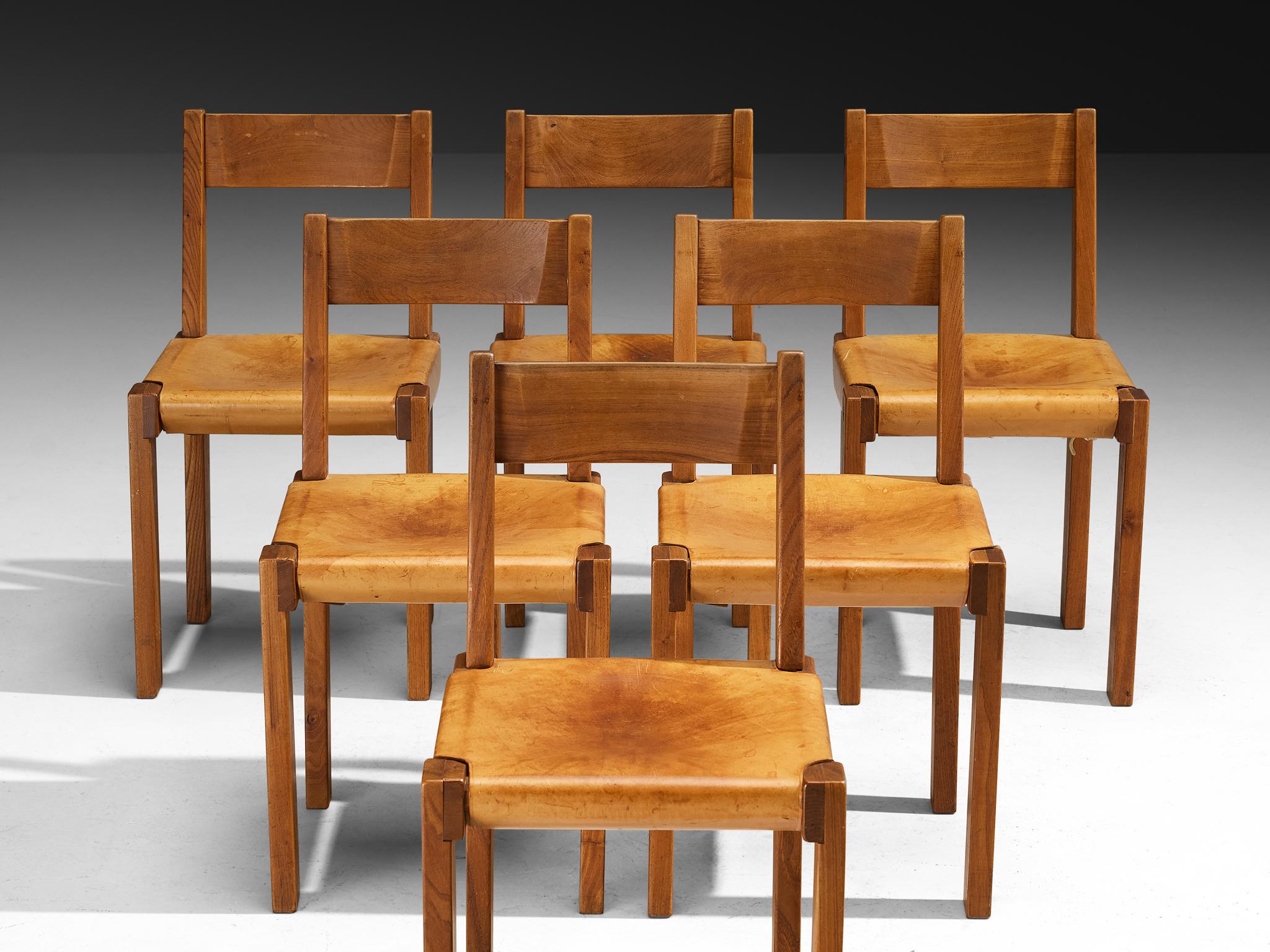 Pierre Chapo Set of Six 'S24' Dining Chairs in Cognac Leather (Mitte des 20. Jahrhunderts) im Angebot