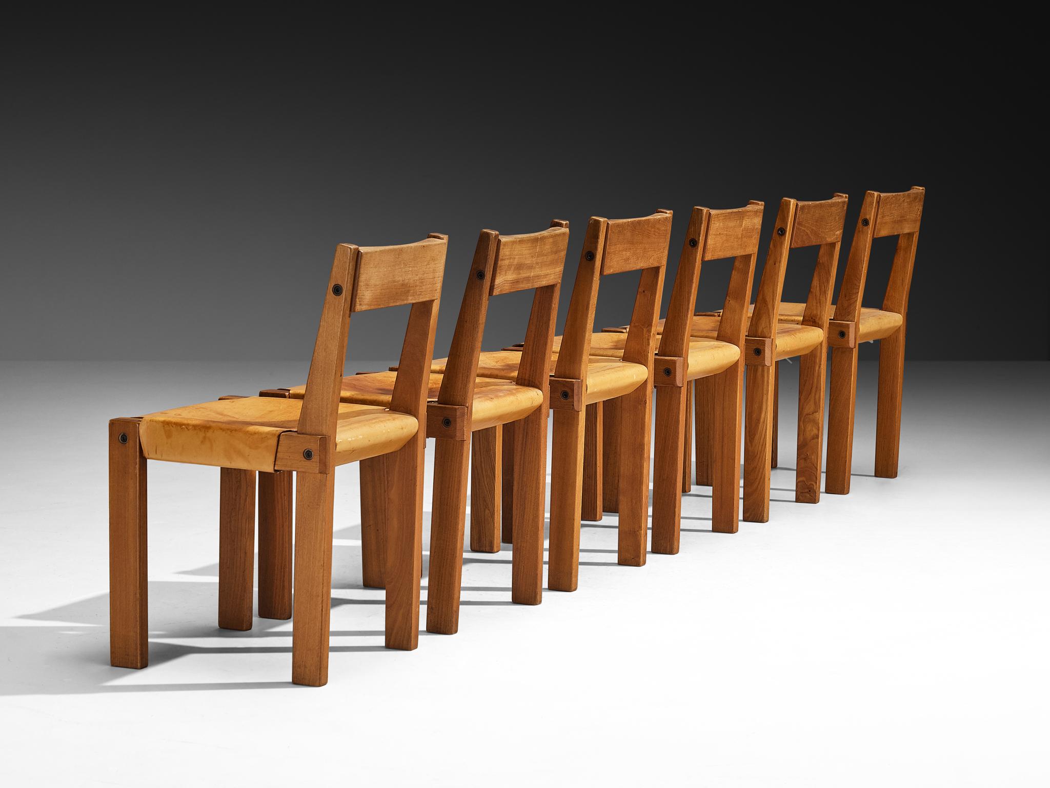 Pierre Chapo Set of Six 'S24' Dining Chairs in Cognac Leather (Leder) im Angebot