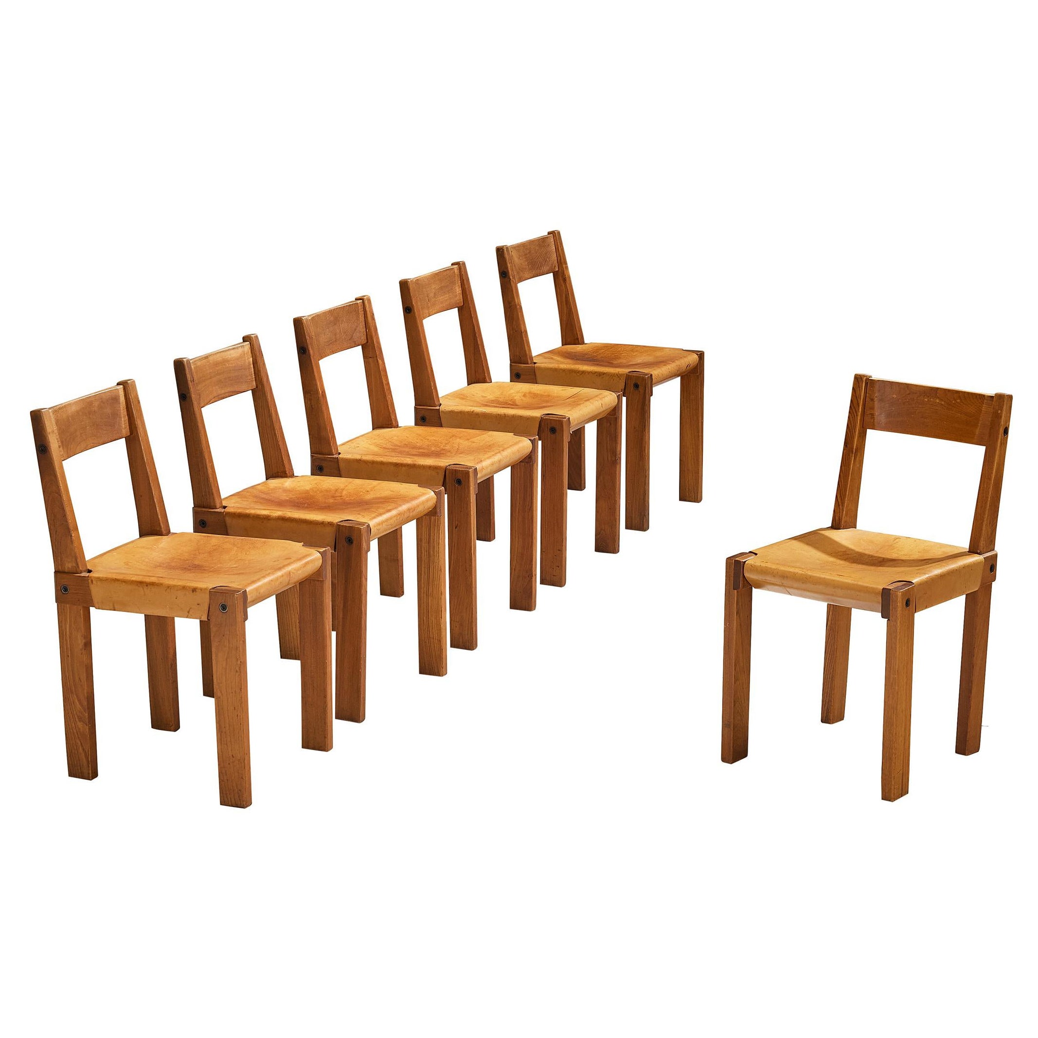 Pierre Chapo Set of Six 'S24' Dining Chairs in Cognac Leather im Angebot