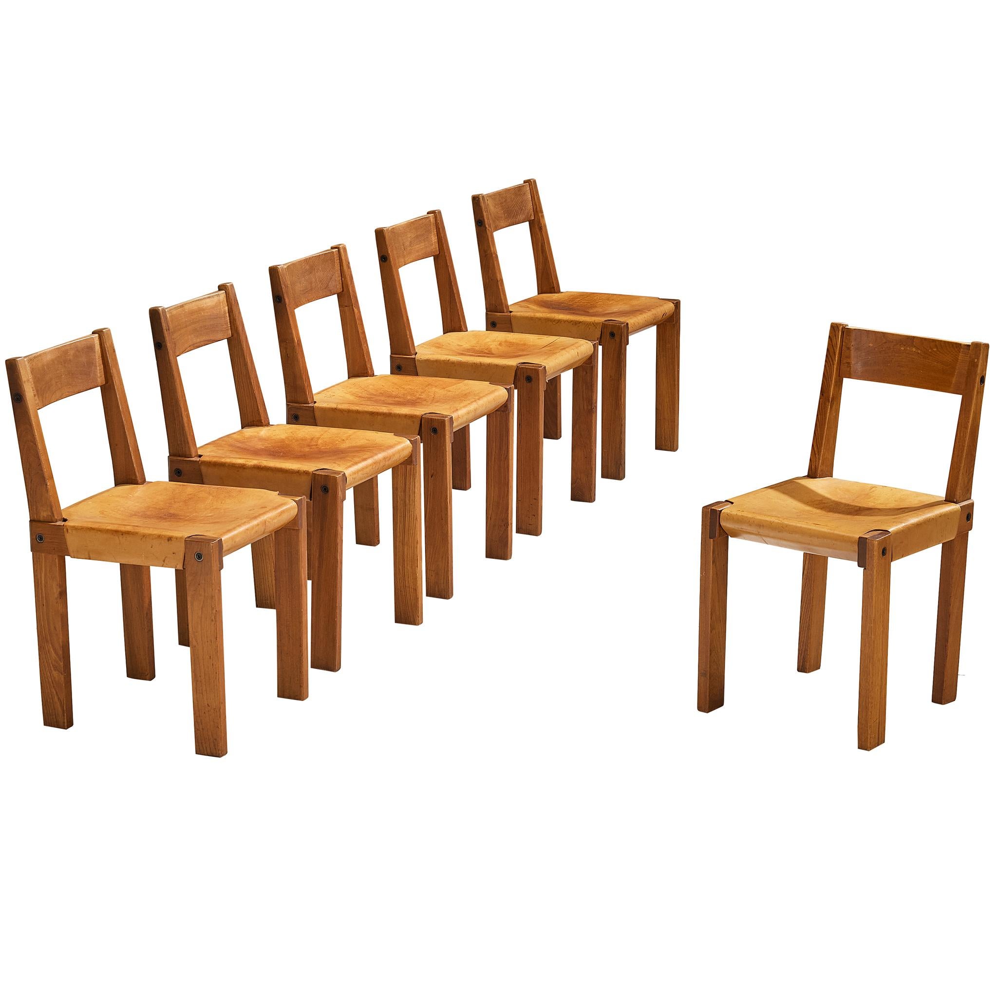 Pierre Chapo Set of Six 'S24' Dining Chairs in Cognac Leather