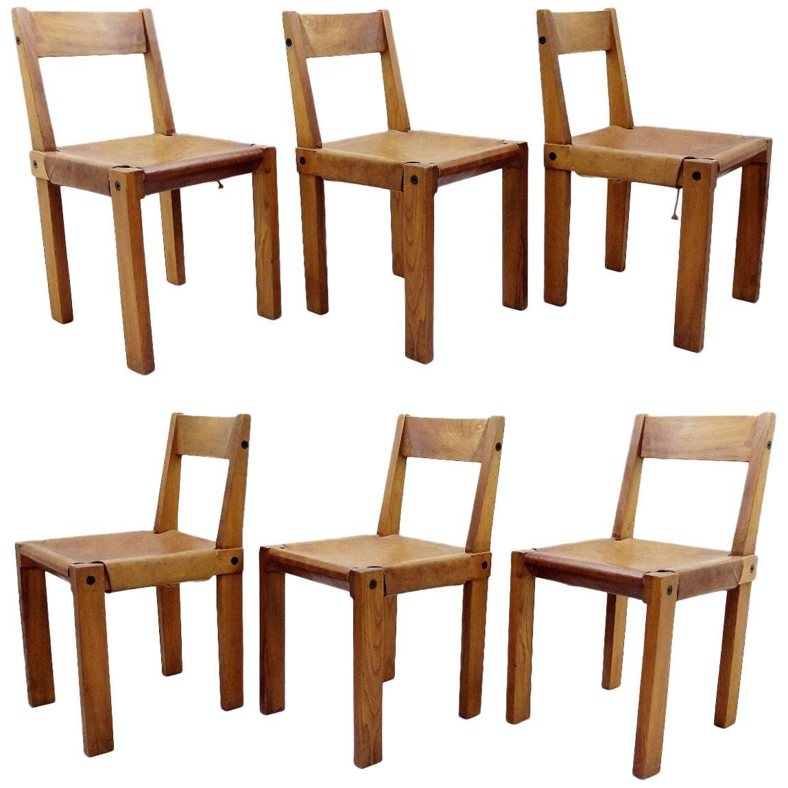 Pierre Chapo Set of Six "S24" Wood and Leather Dining Chairs, France, 1960s