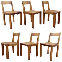 Pierre Chapo Set of Six "S24" Wood and Leather Dining Chairs, France, 1960s