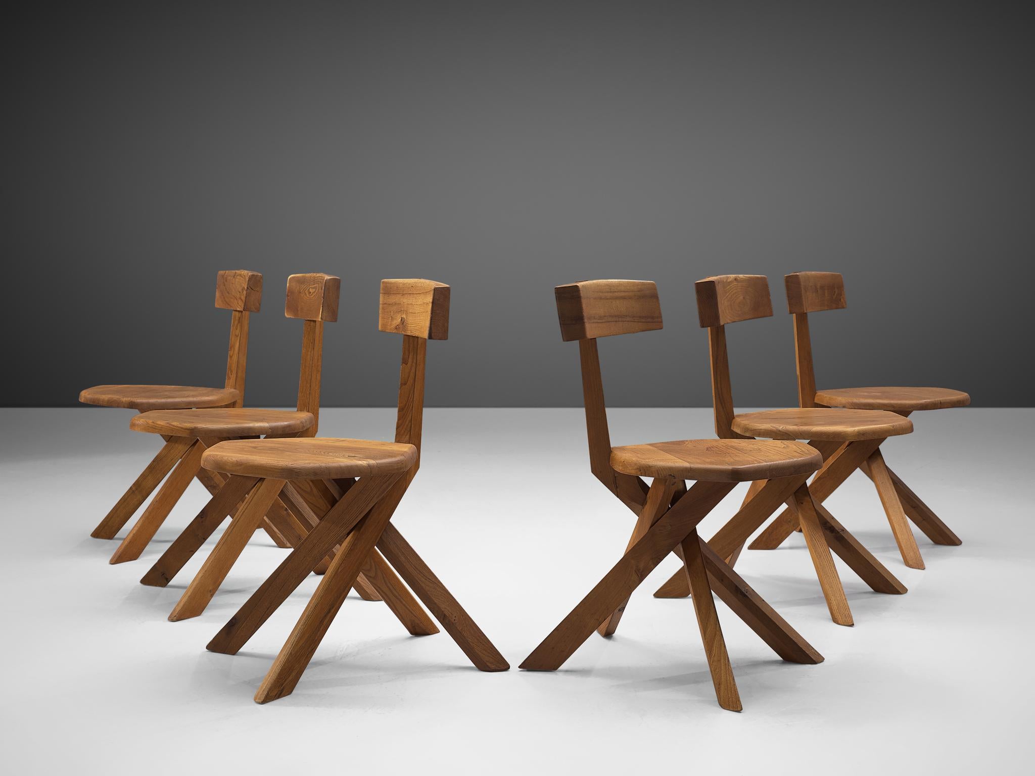 Mid-Century Modern Pierre Chapo Set of Six S34 Dining Chair in Solid Elm