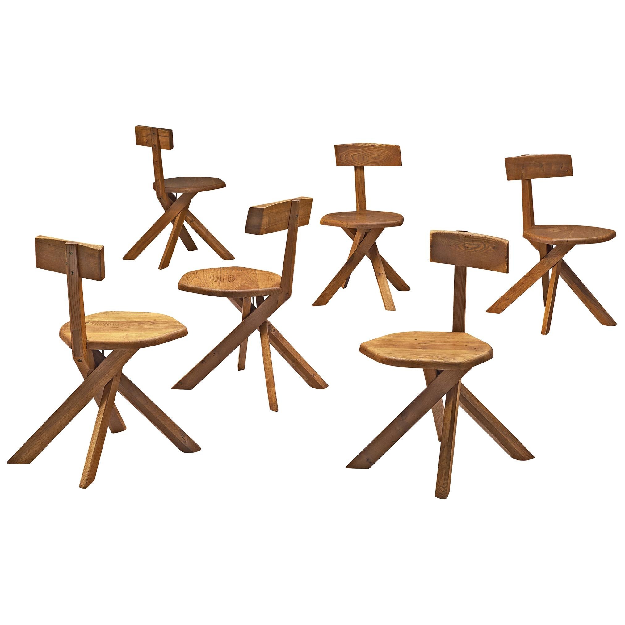 Pierre Chapo Set of Six S34 Dining Chair in Solid Elm