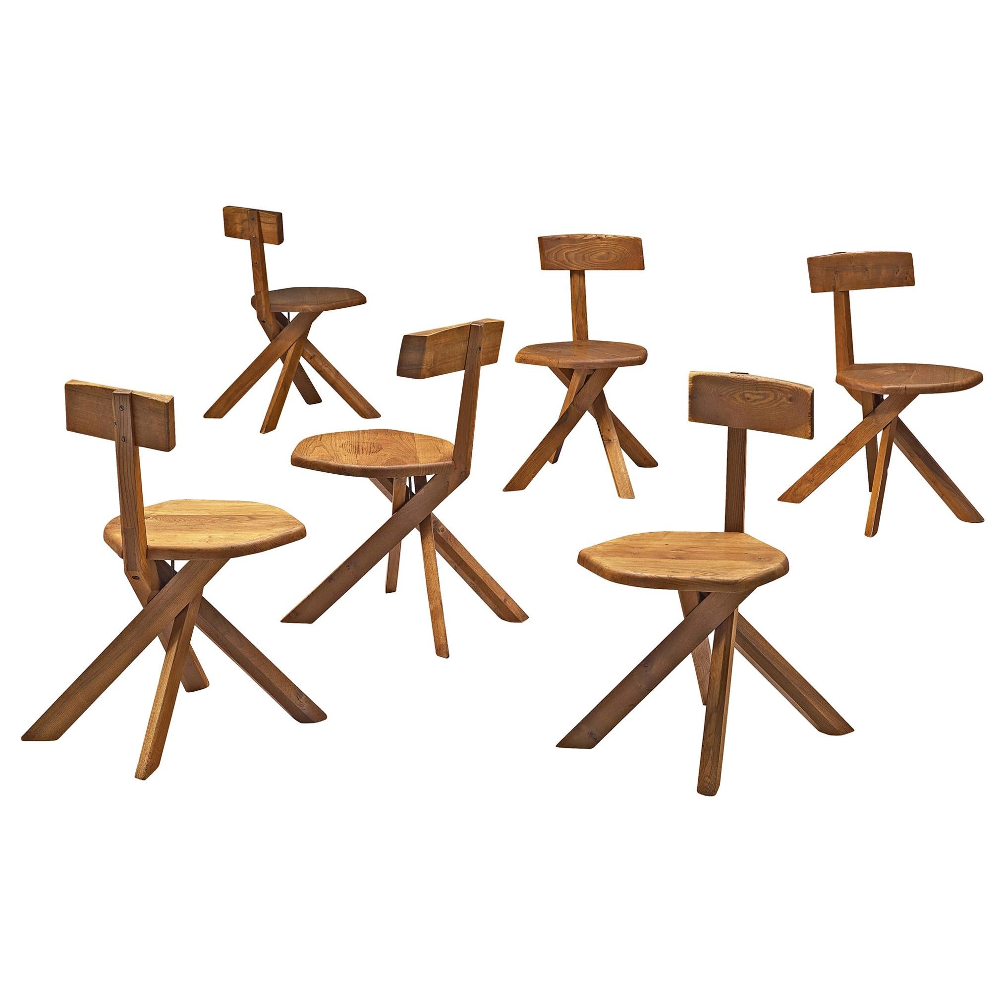 Pierre Chapo Set of Six S34 Dining Chairs in Solid Elm