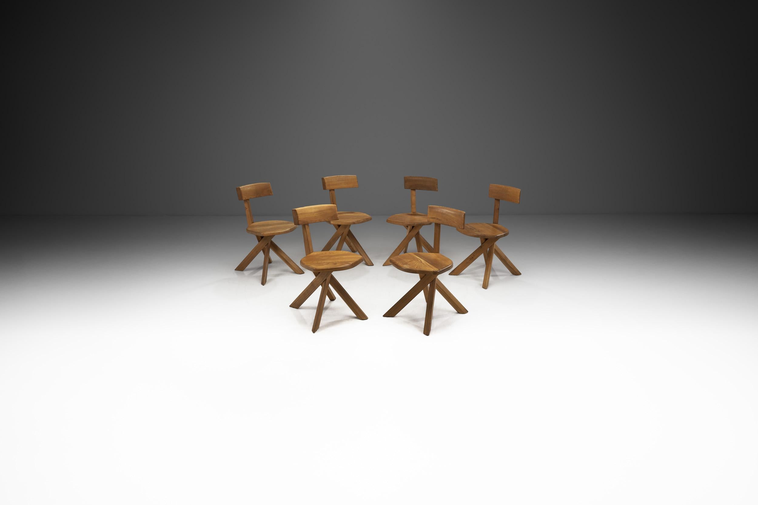 Mid-Century Modern Ensemble de six chaises S34 en bois d'orme Pierre Chapo, France, années 1960 en vente