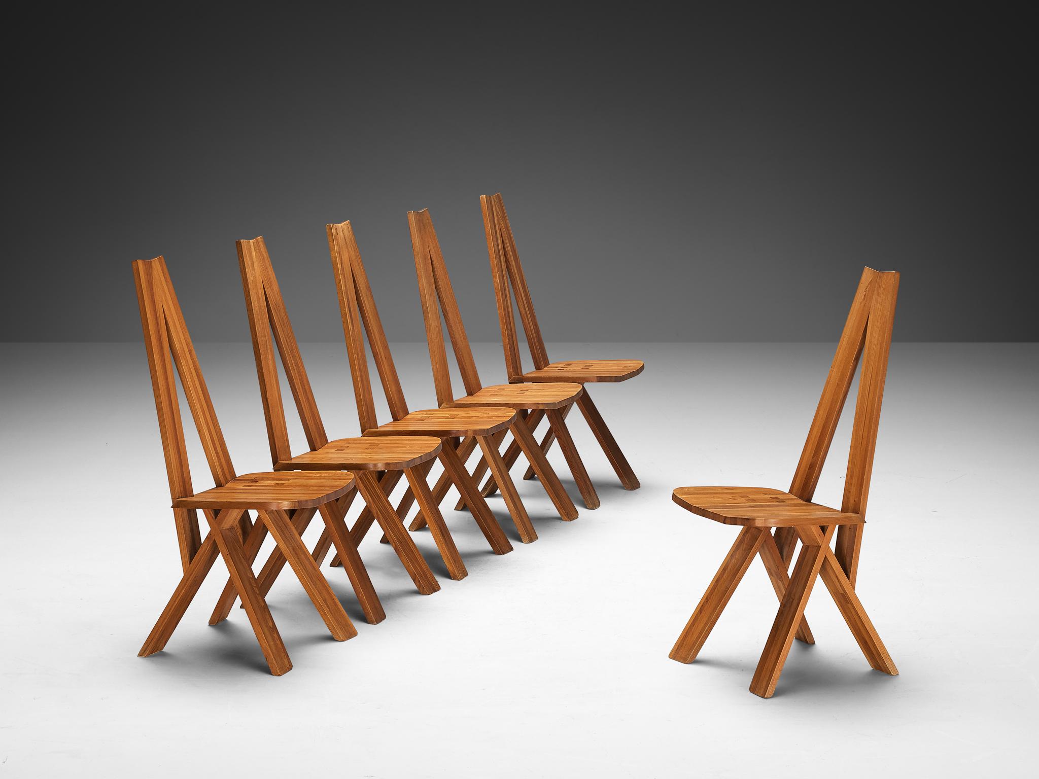 Pierre Chapo, set of six 'S45' or 'Chlacc' chairs, elm, France, design 1979

This 'S45' dining chair, also known as the 'Chlacc' chair is designed by Pierre Chapo. These chairs are executed in elm wood. The 'S45' chair is a part of the 'Chlacc'