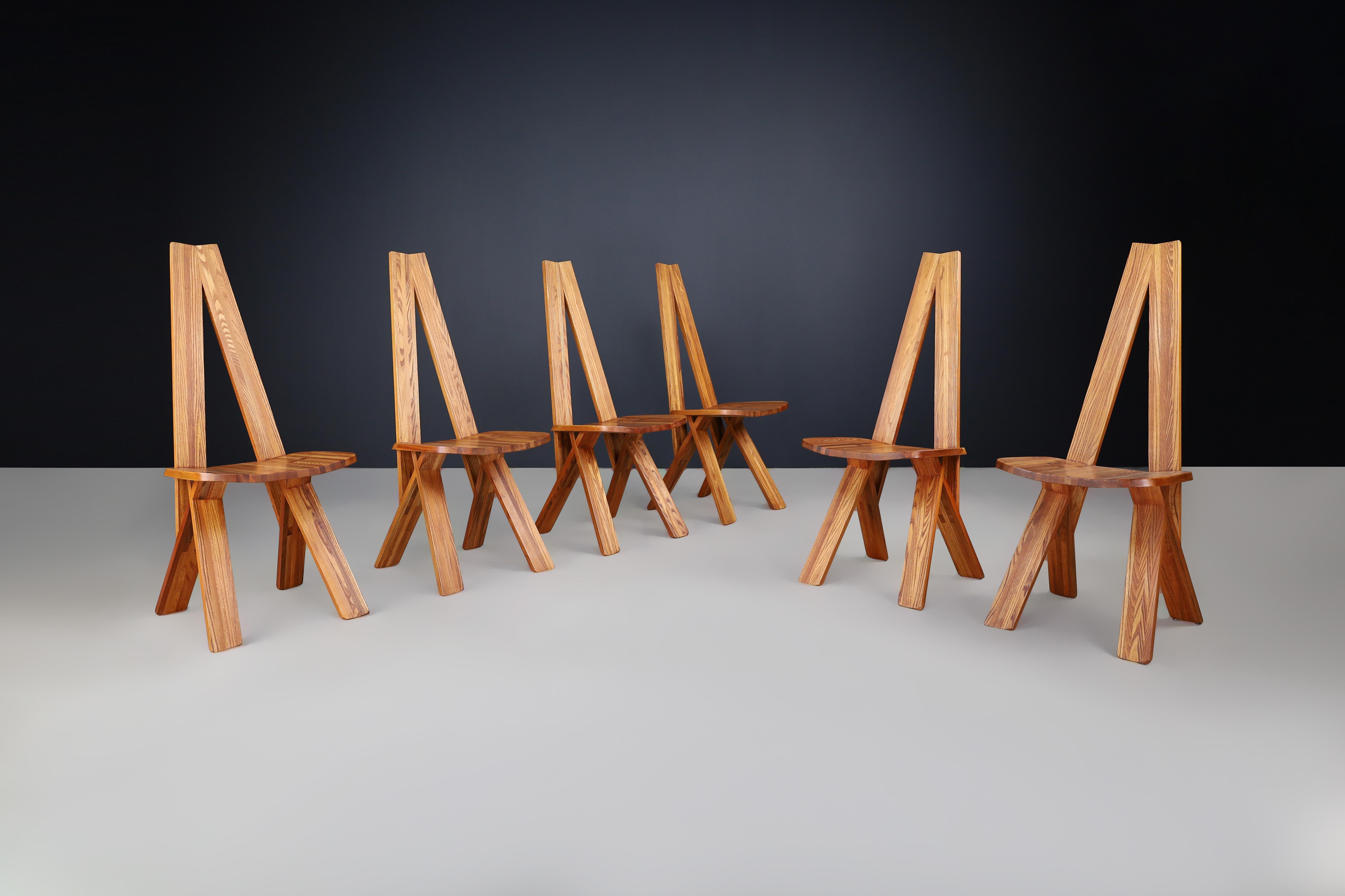 Pierre Chapo Set of Six 'S45'Dining room Chairs in Elm, France 1970s   For Sale 6