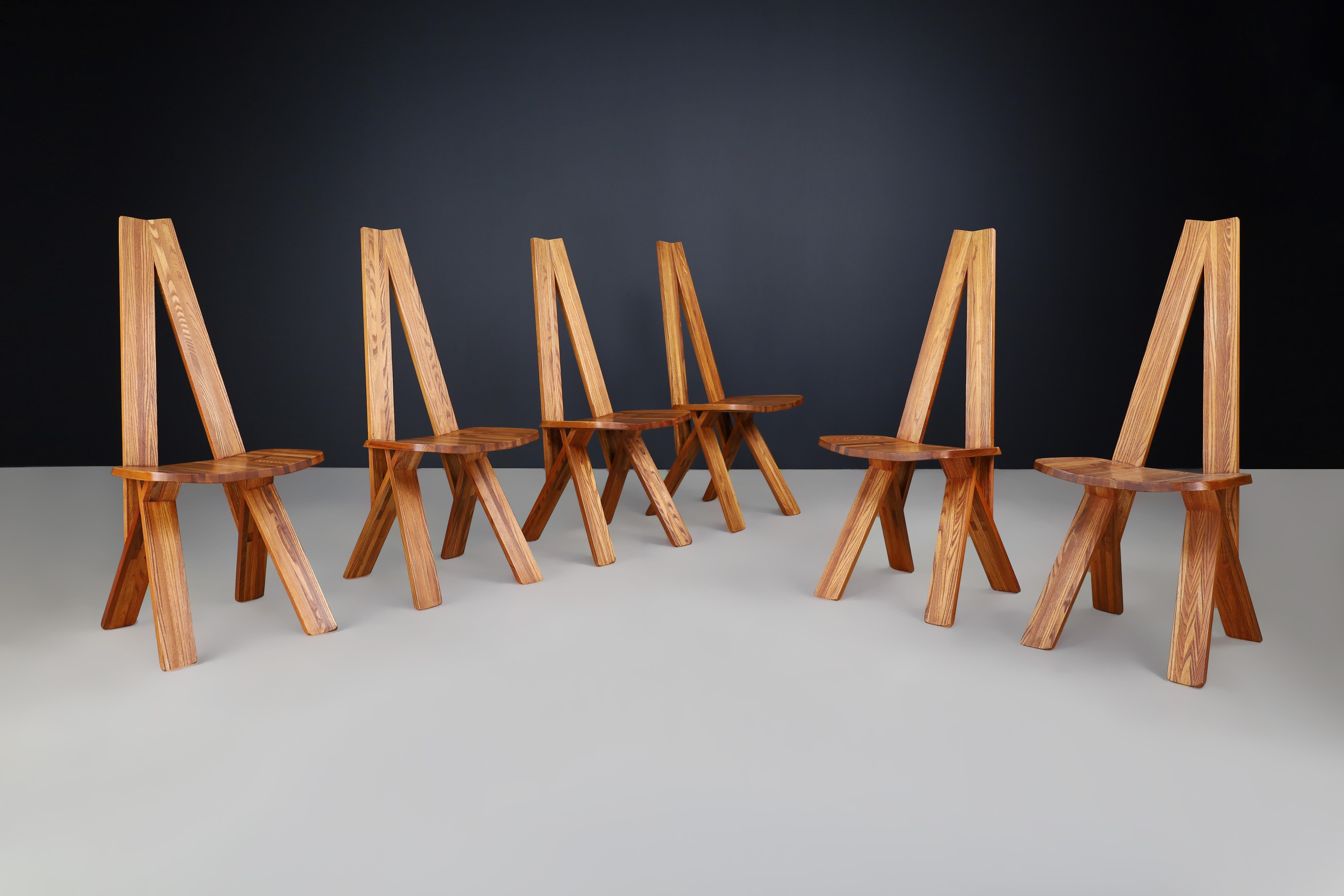 Mid-Century Modern Pierre Chapo Set of Six 'S45'Dining room Chairs in Elm, France 1970s   For Sale