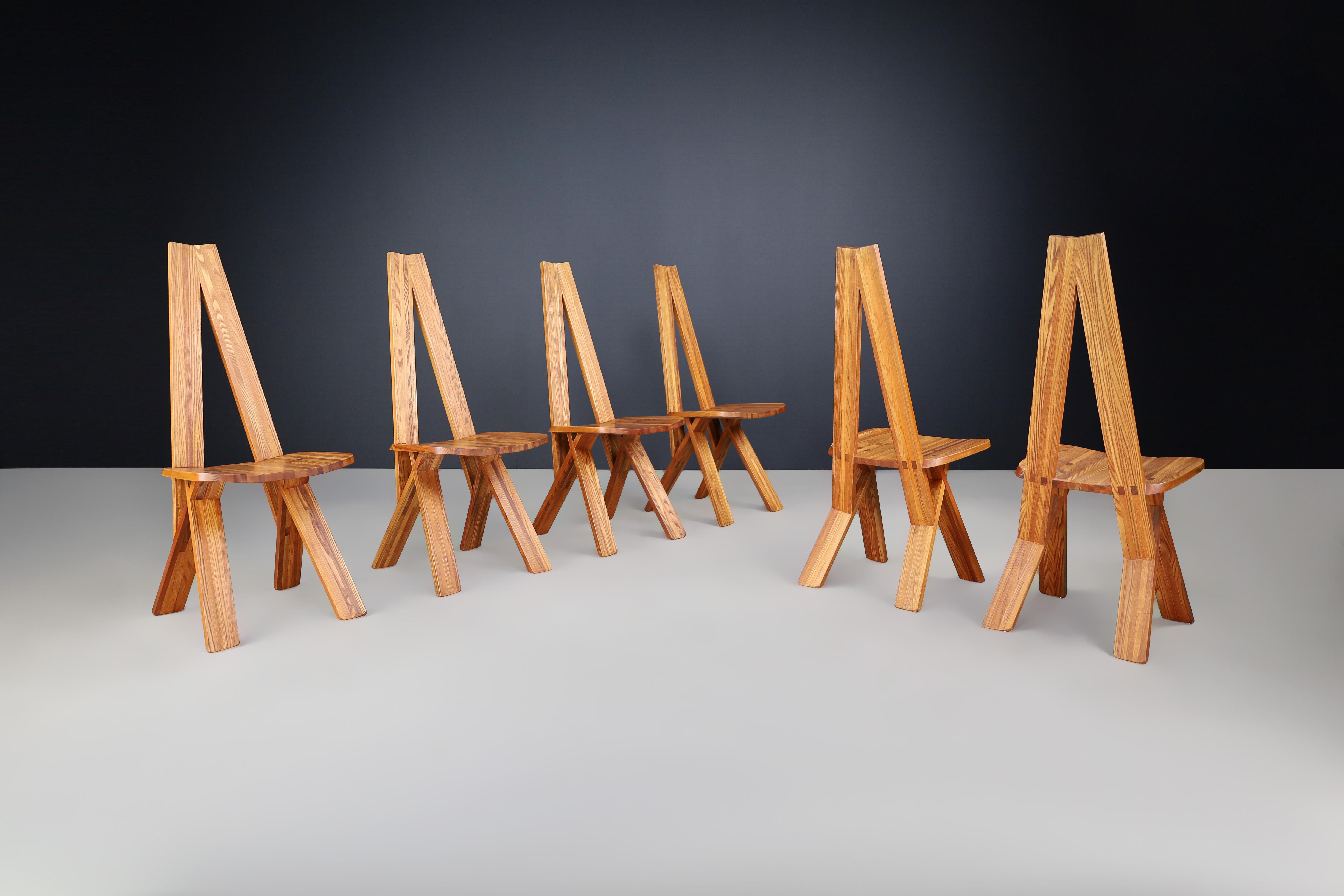 French Pierre Chapo Set of Six 'S45'Dining room Chairs in Elm, France 1970s   For Sale