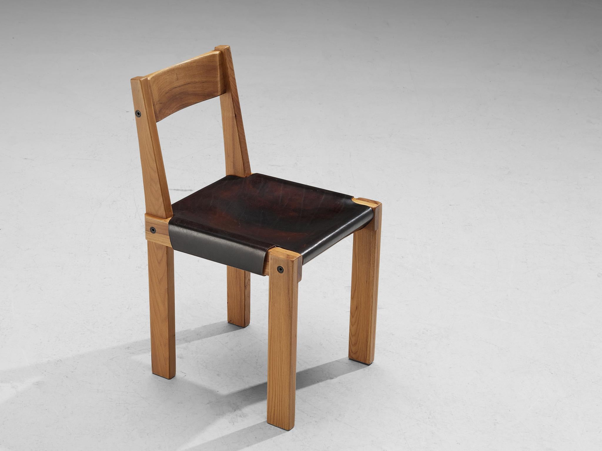 Pierre Chapo Set of Six 'S24' Chairs in Solid Elm and Dark Brown Leather 6