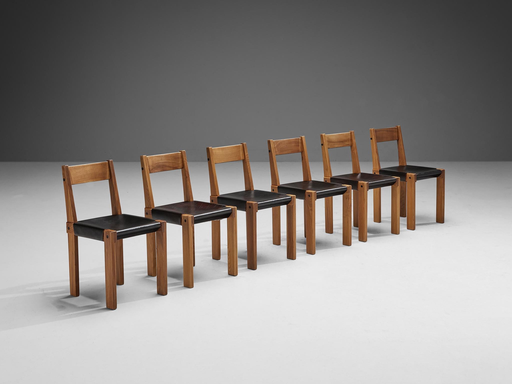 Pierre Chapo, set of six dining chairs model 'S24', elm, leather, rope, France, 1960s

Dining chairs in solid elmwood with saddle leather seating and back designed by French designer Pierre Chapo. These chairs have a cubic design of solid elmwood