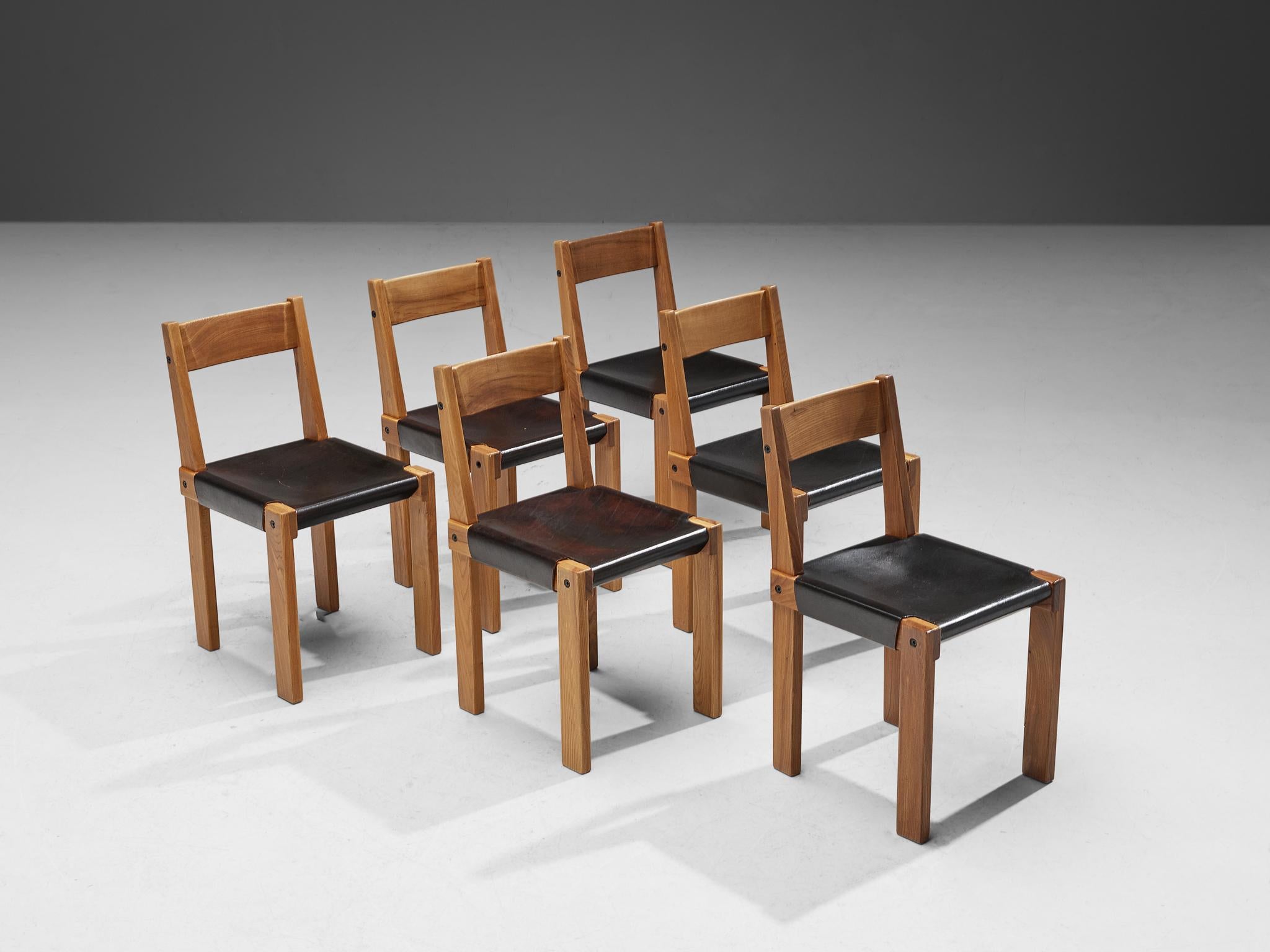 Mid-Century Modern Pierre Chapo Set of Six 'S24' Chairs in Solid Elm and Dark Brown Leather