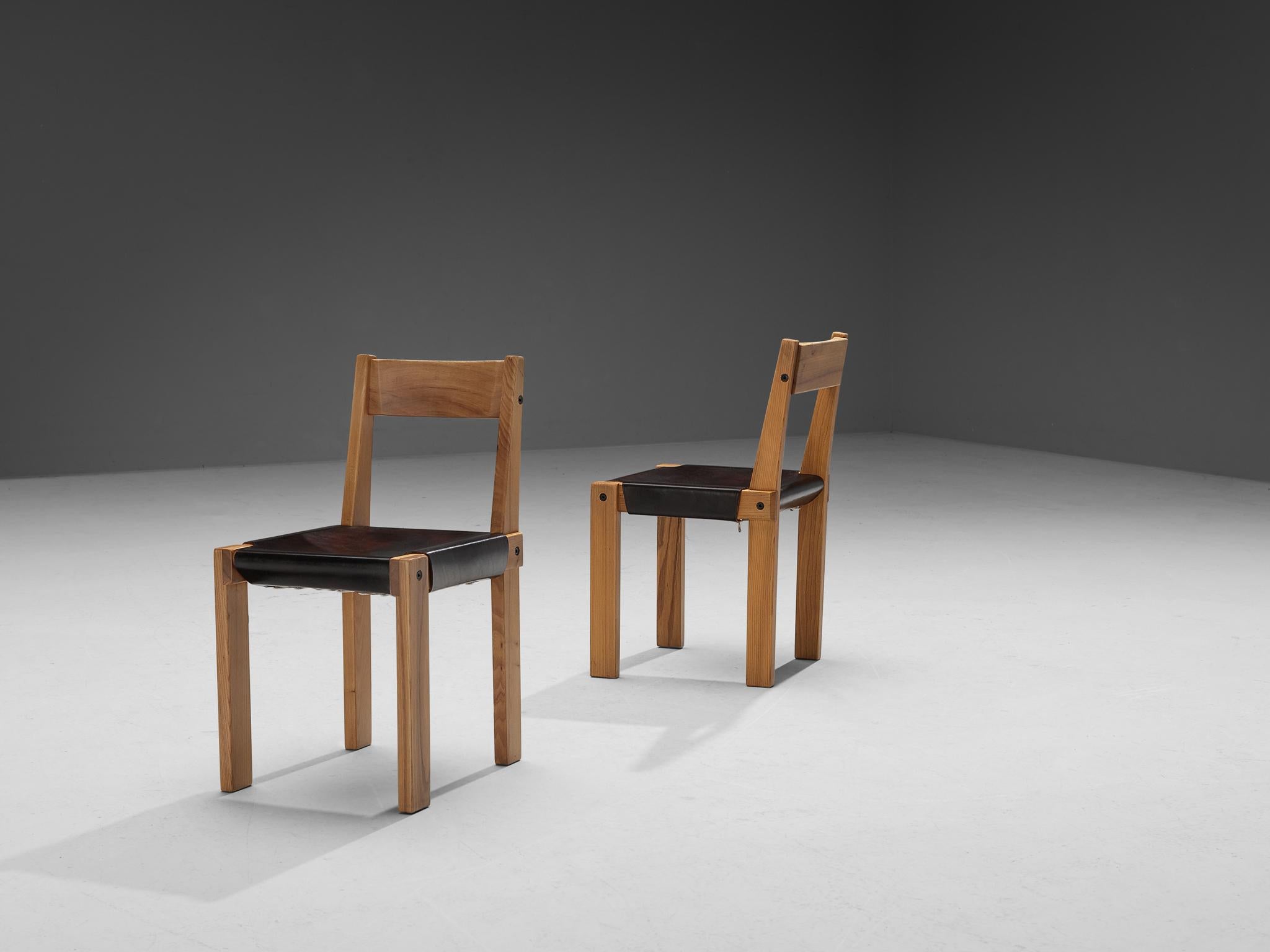 French Pierre Chapo Set of Six 'S24' Chairs in Solid Elm and Dark Brown Leather