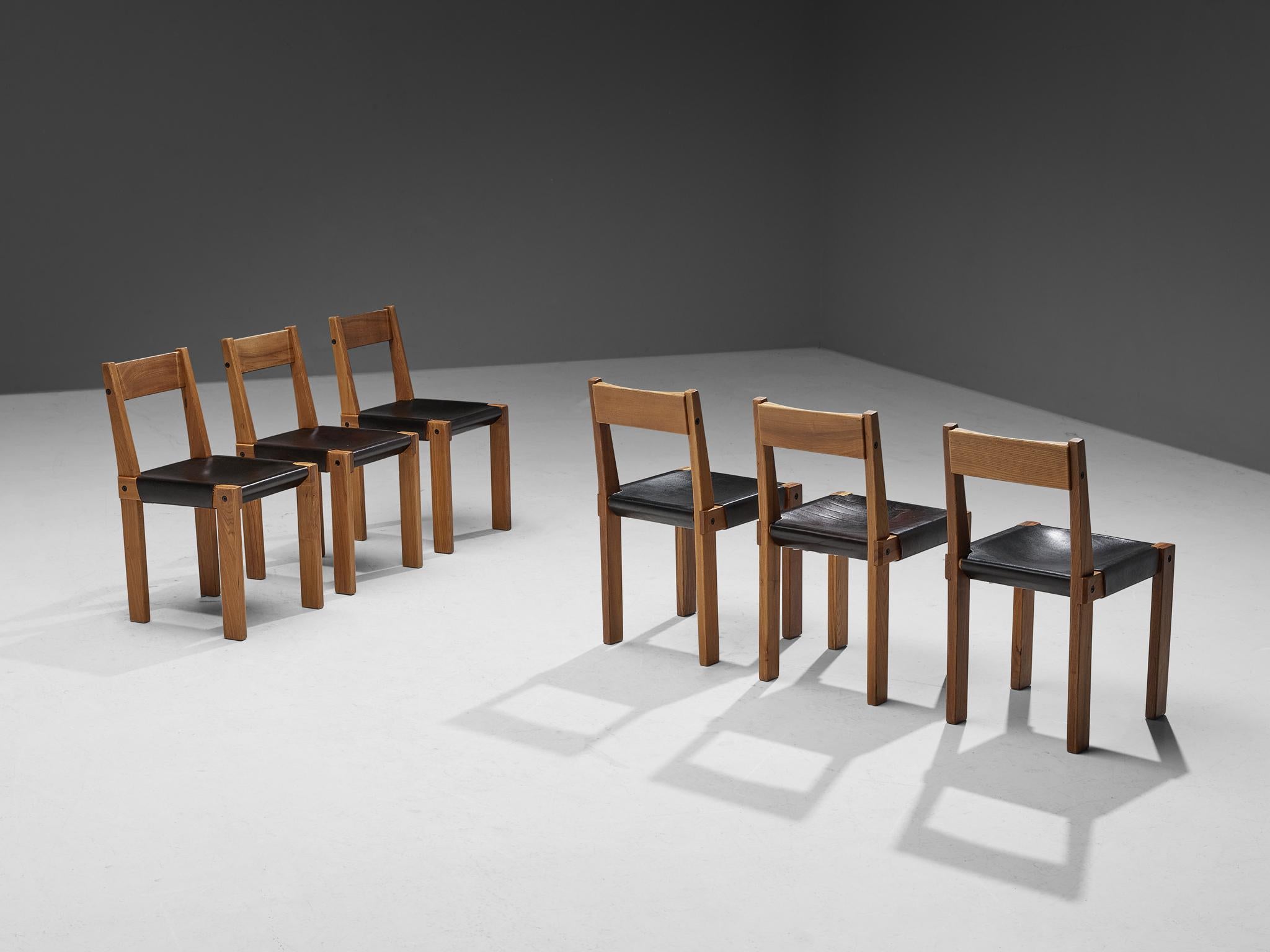 Pierre Chapo Set of Six 'S24' Chairs in Solid Elm and Dark Brown Leather 1