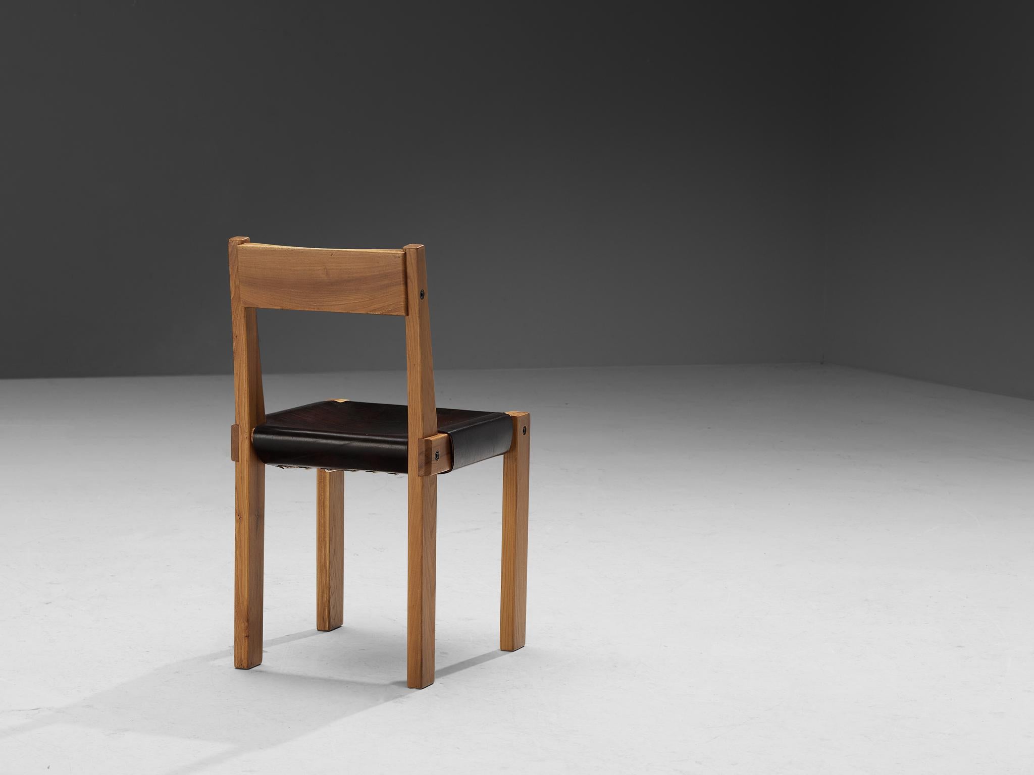 Pierre Chapo Set of Six 'S24' Chairs in Solid Elm and Dark Brown Leather 3