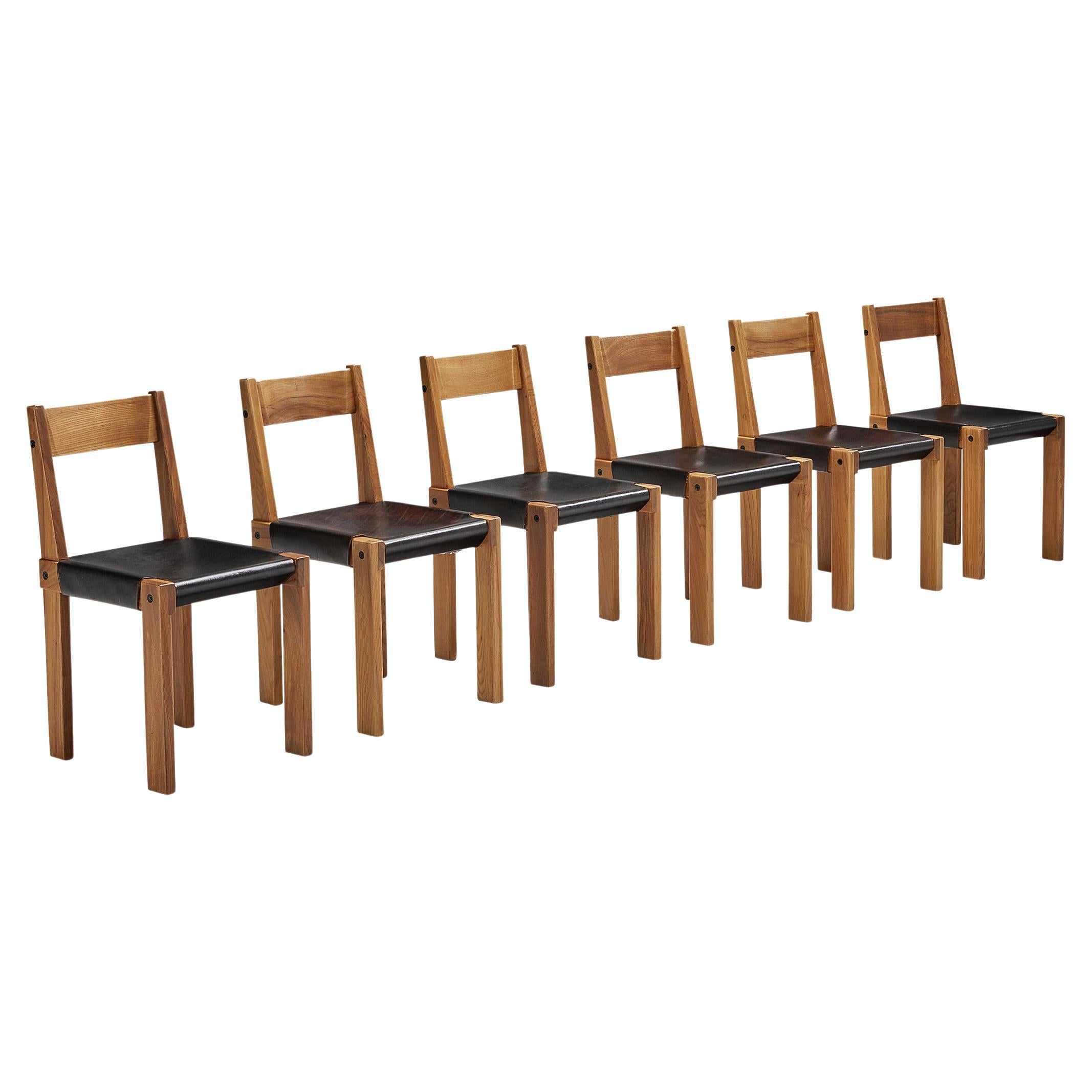 Pierre Chapo Set of Six 'S24' Chairs in Solid Elm and Dark Brown Leather