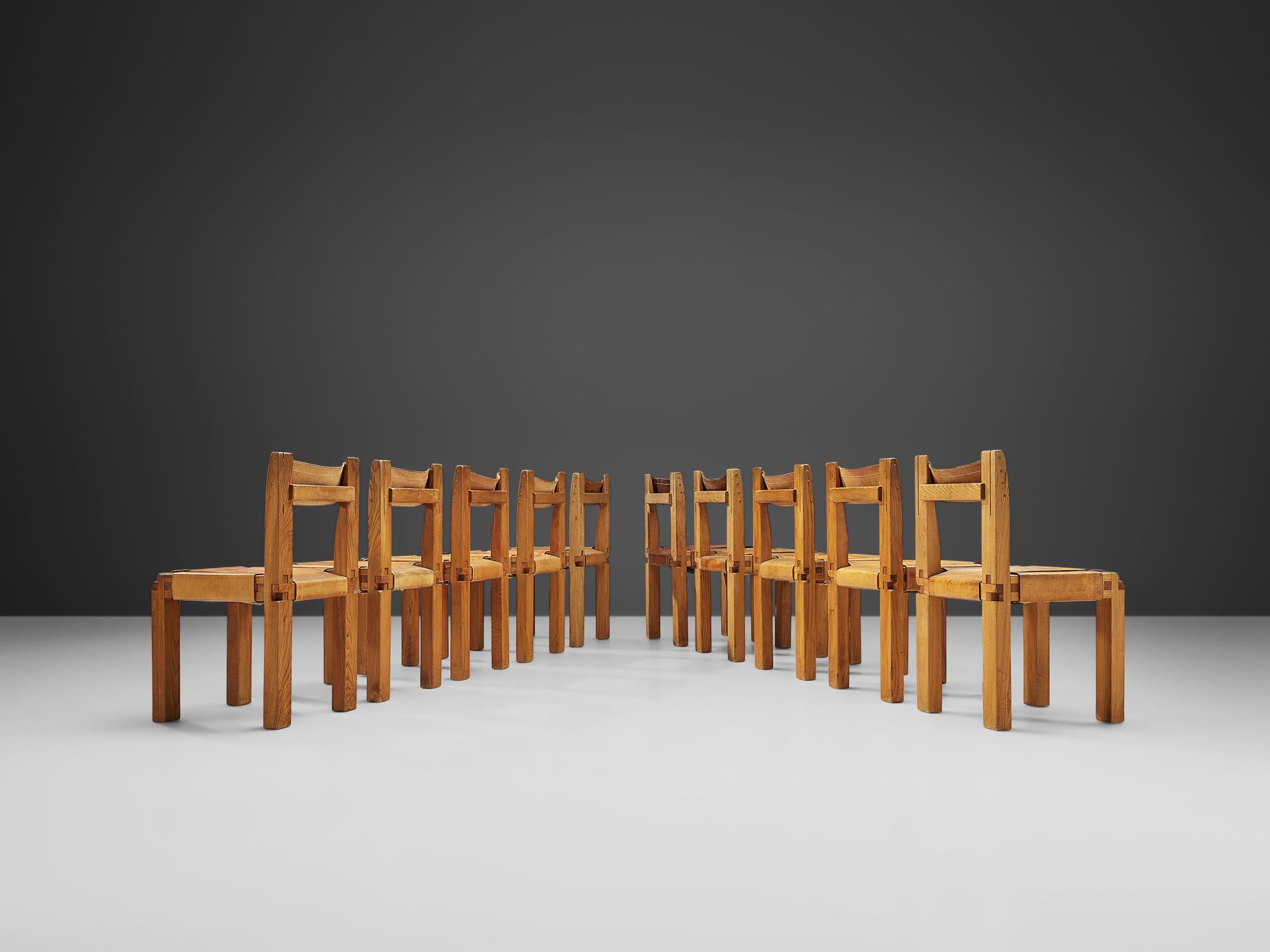 Pierre Chapo Set of Ten 'S11' Chairs in Cognac Leather In Good Condition In Waalwijk, NL