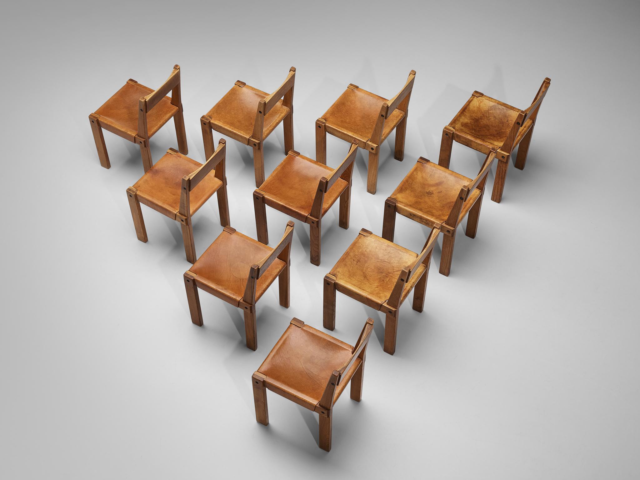 Pierre Chapo Set of Ten 'S24' Chairs in Solid Elm and Cognac Leather In Good Condition In Waalwijk, NL