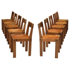 Pierre Chapo Set of Ten 'S24' Chairs in Solid Elm and Cognac Leather