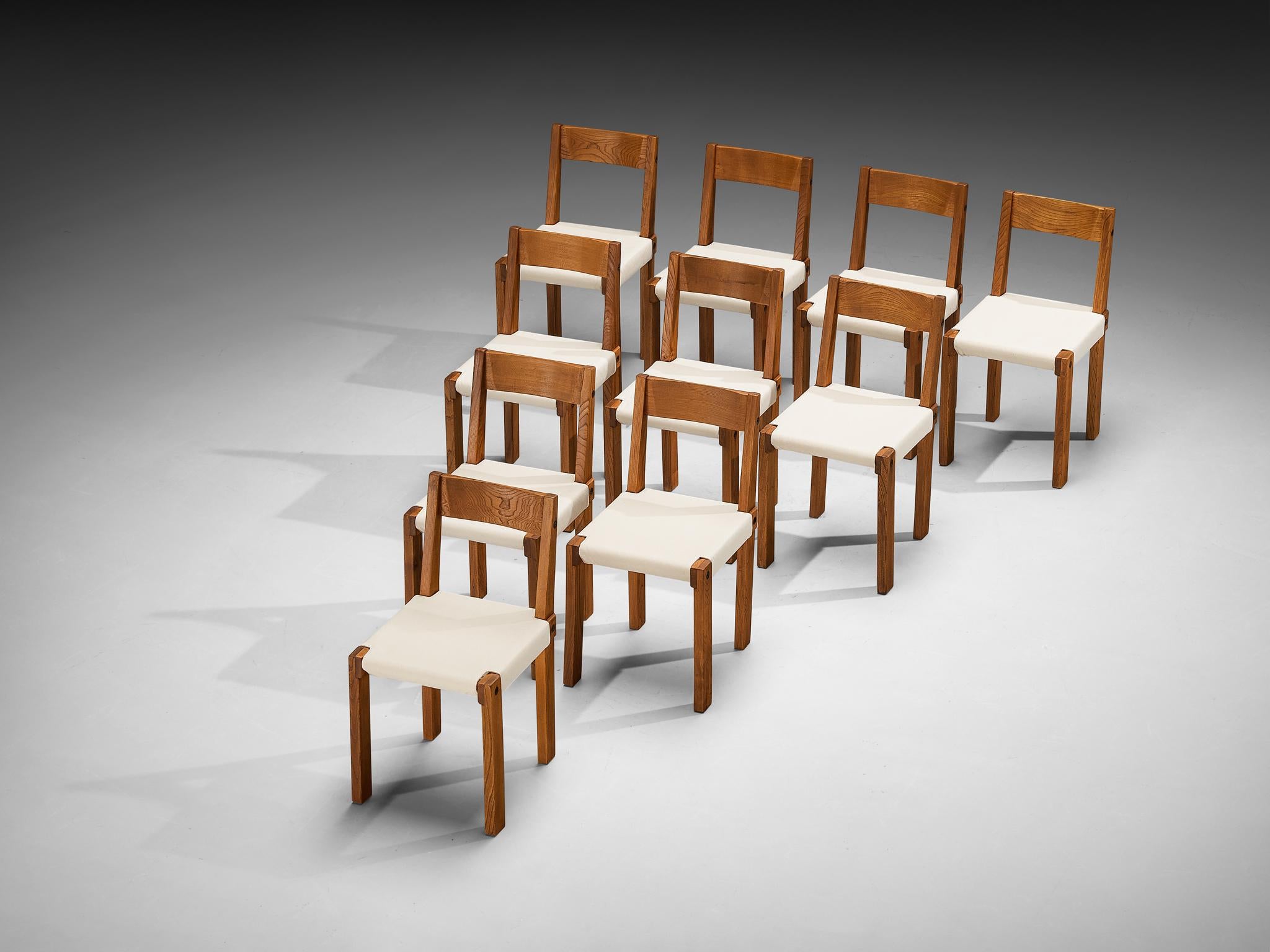 Pierre Chapo Set of Ten 'S24' Dining Chairs in Elm and Canvas (Moderne der Mitte des Jahrhunderts) im Angebot