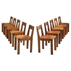 Pierre Chapo Set of Ten 'S24' Dining Chairs in Solid Elm and Cognac Leather