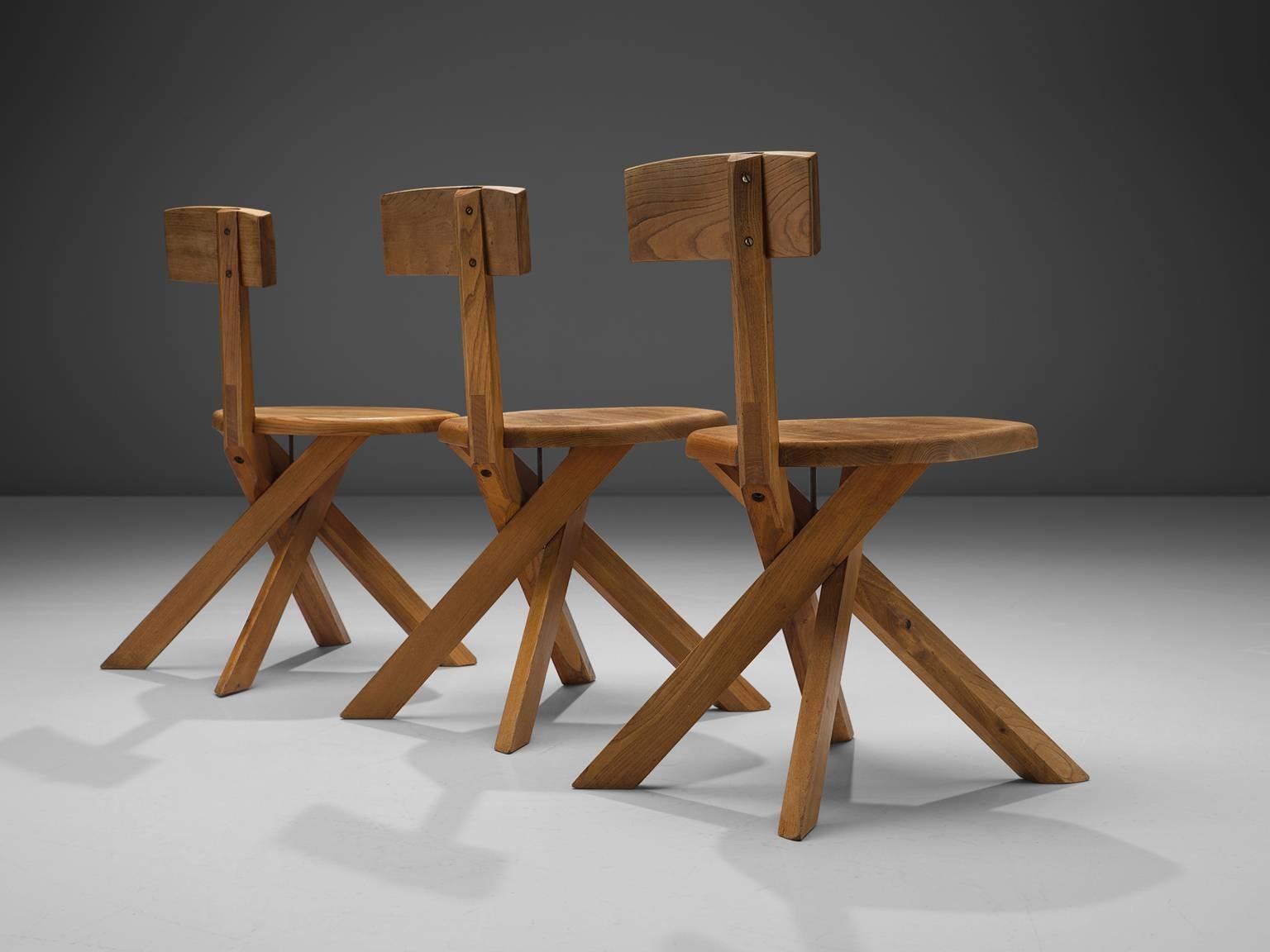 Mid-Century Modern Pierre Chapo Set of Three Asymmetrical Chairs in Elm