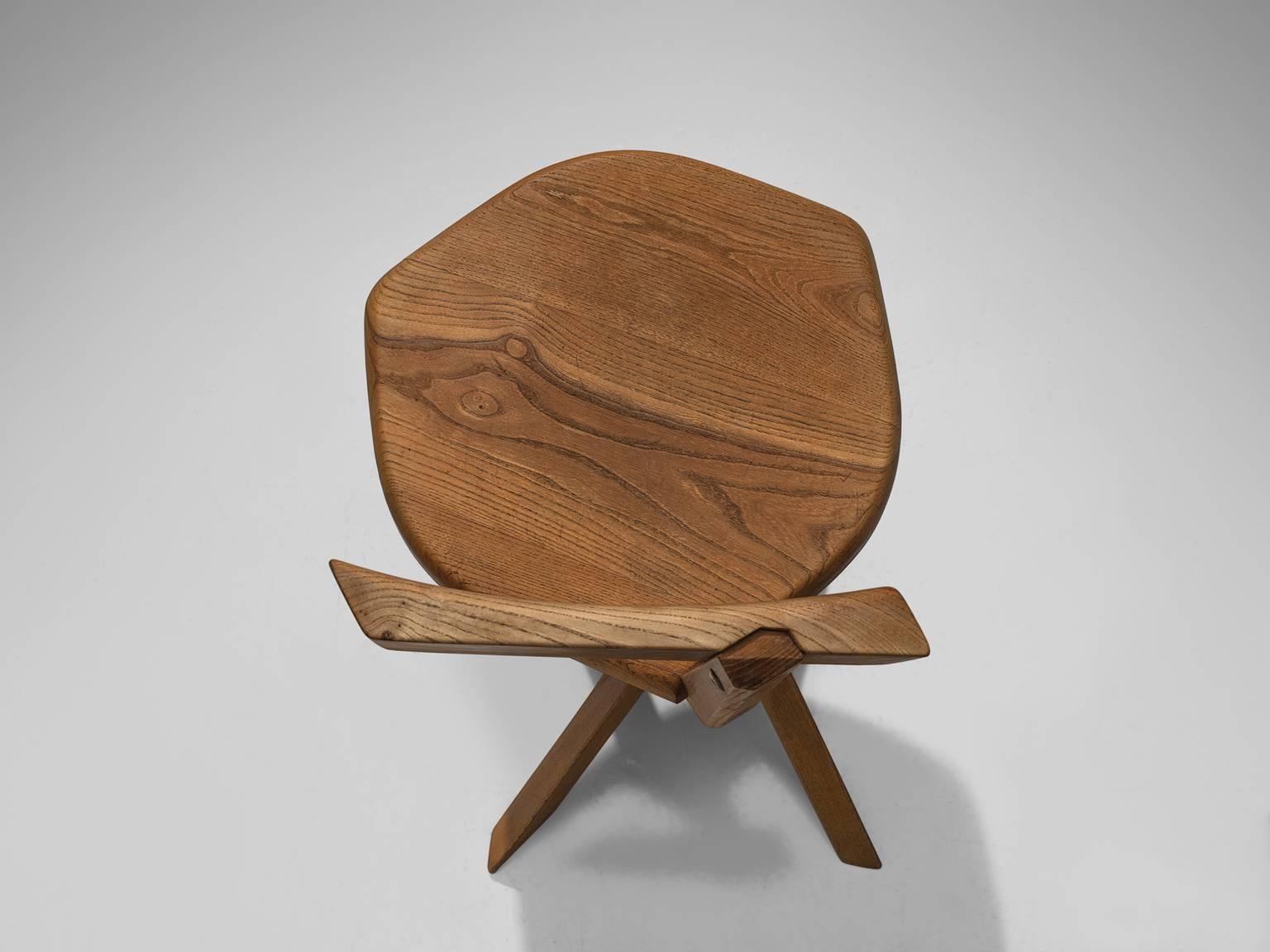 Mid-20th Century Pierre Chapo Set of Three Asymmetrical Chairs in Elm