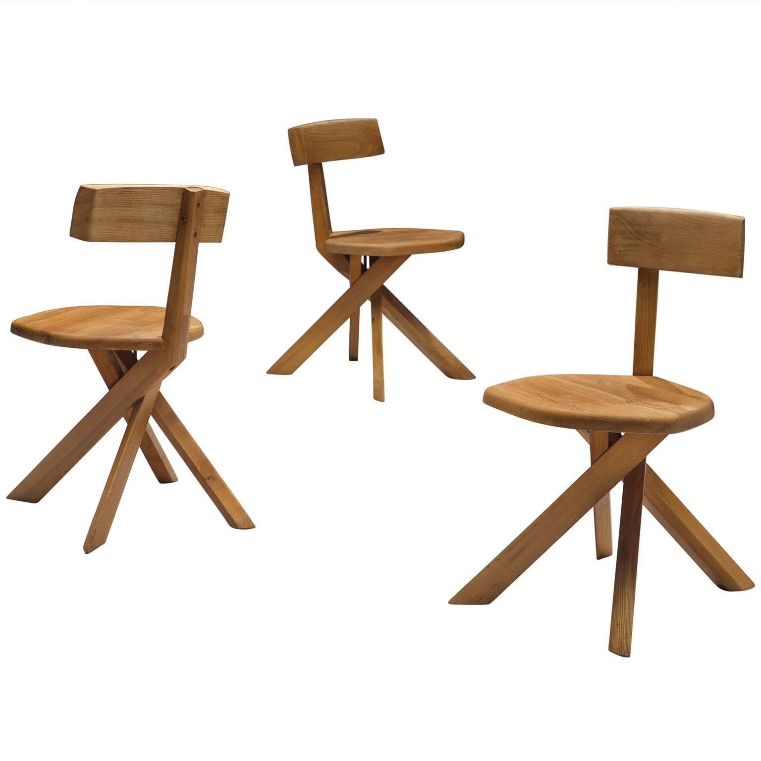 Pierre Chapo Set of Three Asymmetrical Chairs in Elm