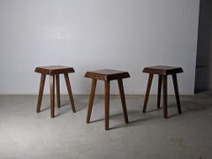 Pierre Chapo Set of Three Early S01 Stools in Solid Oak Wood, France 1962
