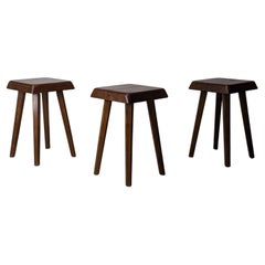 Pierre Chapo Set of Three Early S01 Stools in Solid Oak Wood, France 1962
