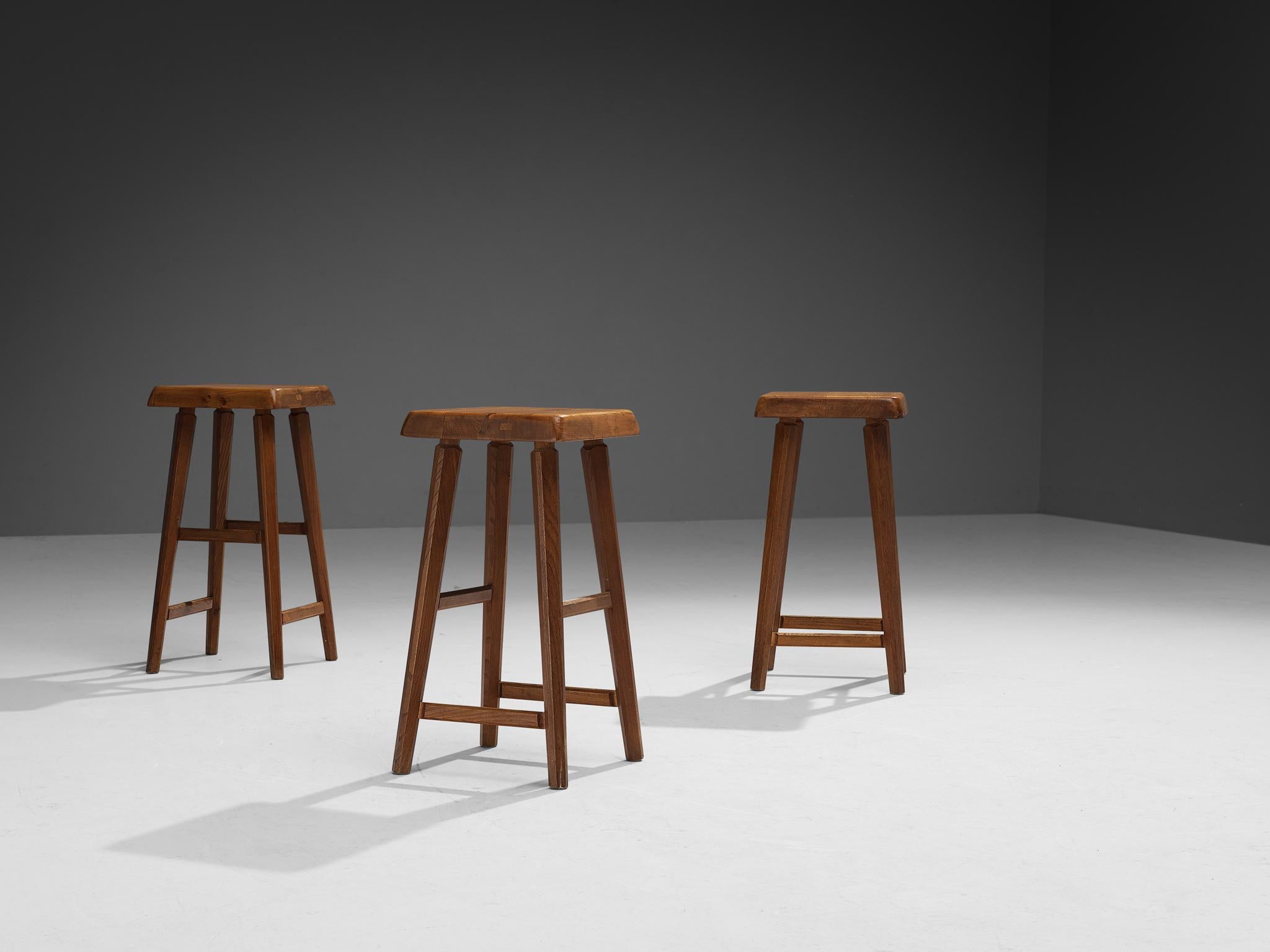 Pierre Chapo Set of Three 'S01R' Stools in Solid Elm 4