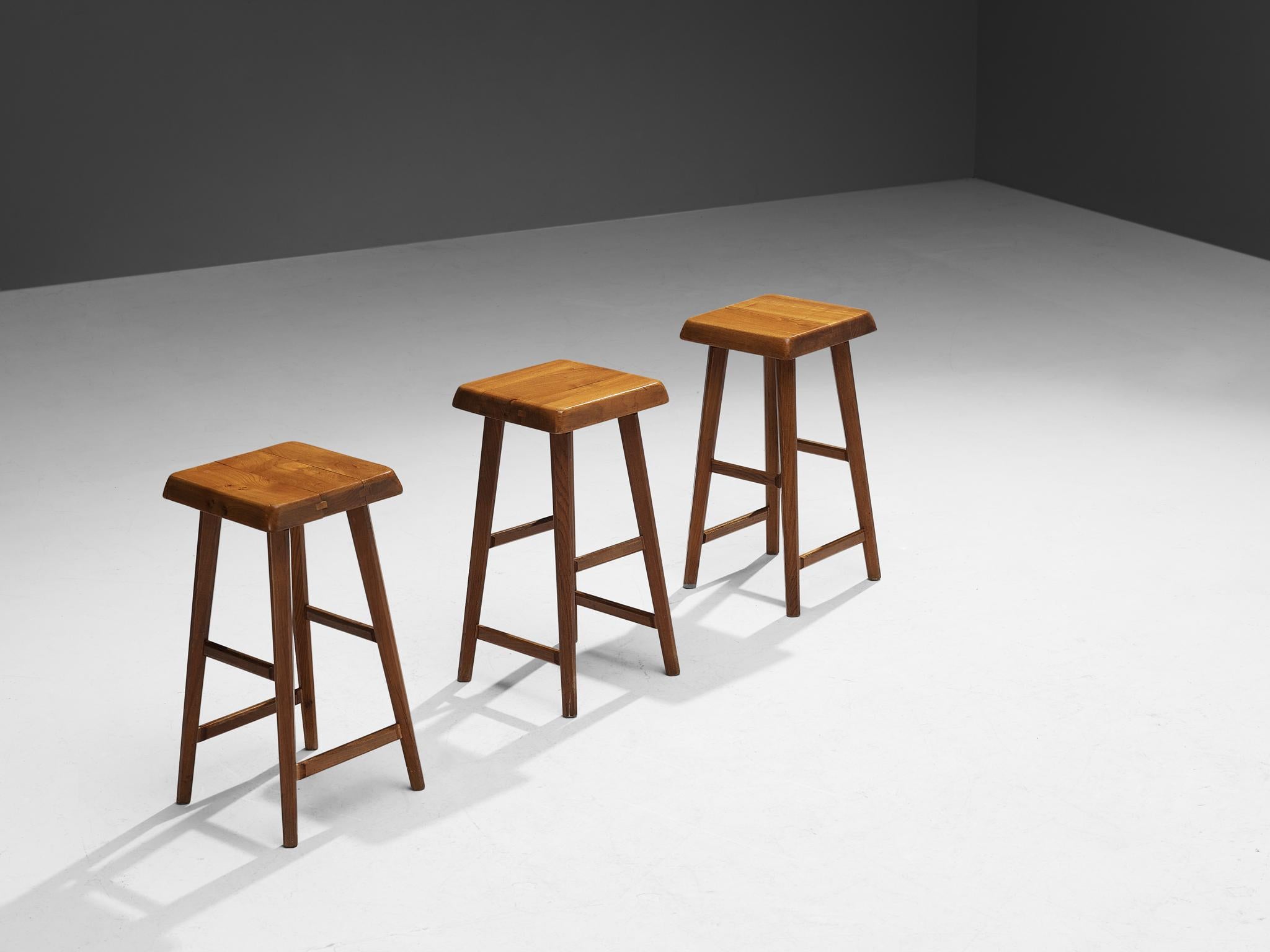 French Pierre Chapo Set of Three 'S01R' Stools in Solid Elm
