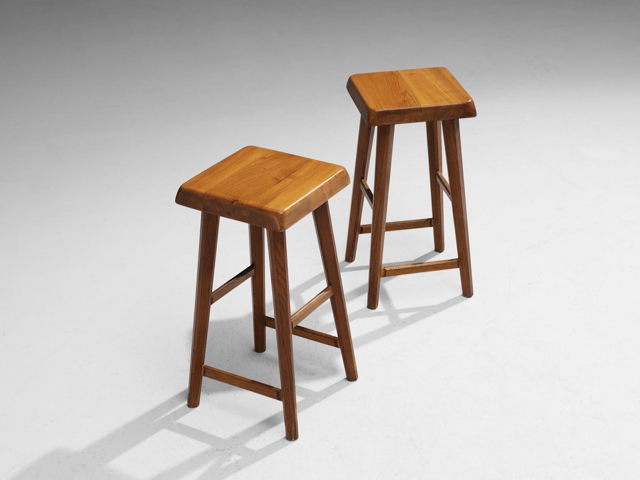 Pierre Chapo Set of Three 'S01R' Stools in Solid Elm In Good Condition In Waalwijk, NL