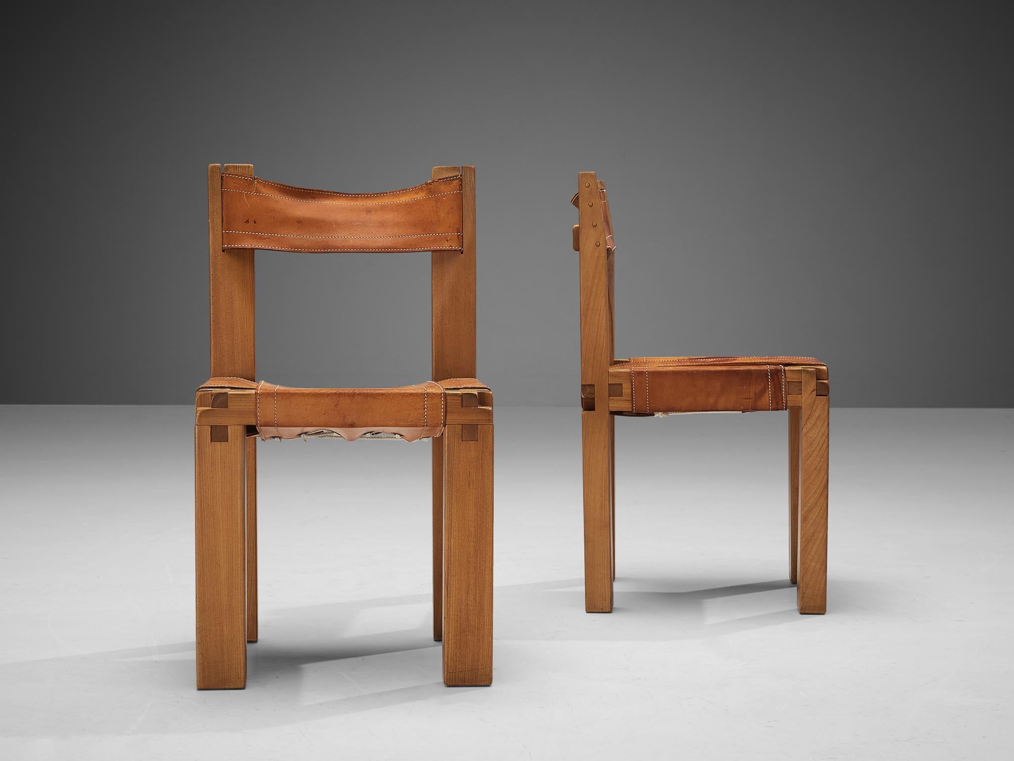 Pierre Chapo Set of Twelve Dining Chairs in Elm and Patinated Cognac Leather 3