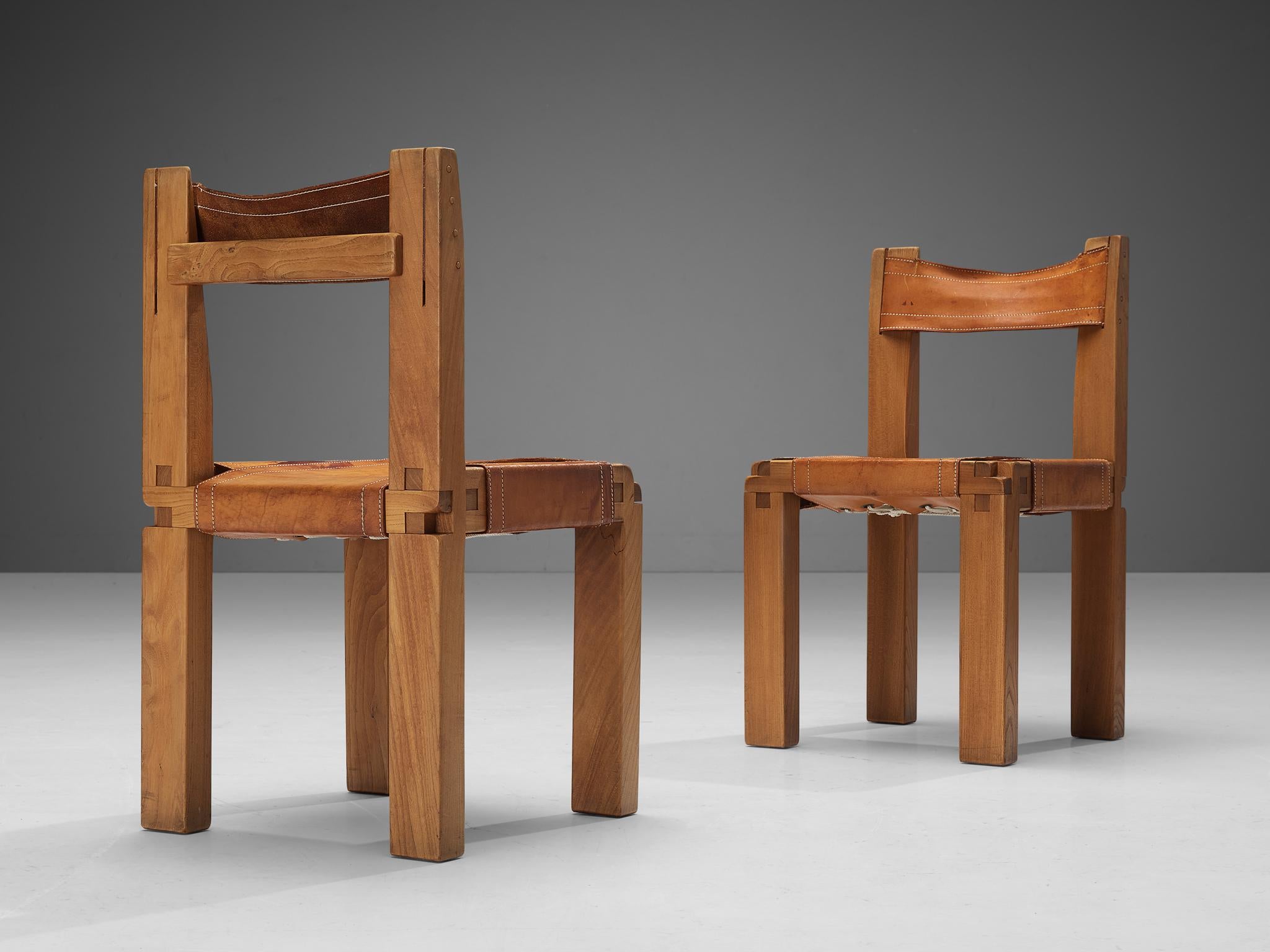French Pierre Chapo Set of Twelve Dining Chairs in Elm and Patinated Cognac Leather