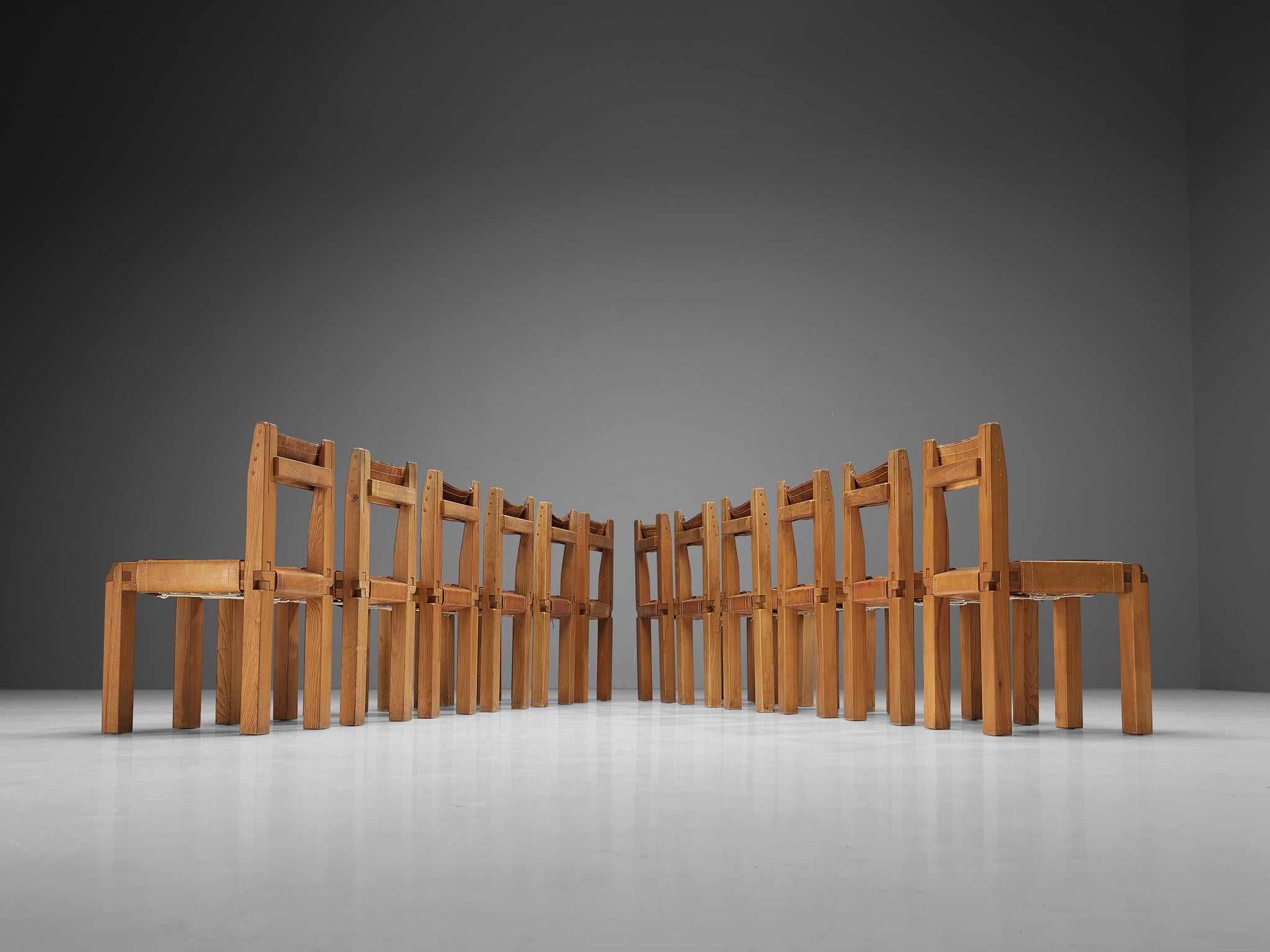 Mid-20th Century Pierre Chapo Set of Twelve Dining Chairs in Elm and Patinated Cognac Leather