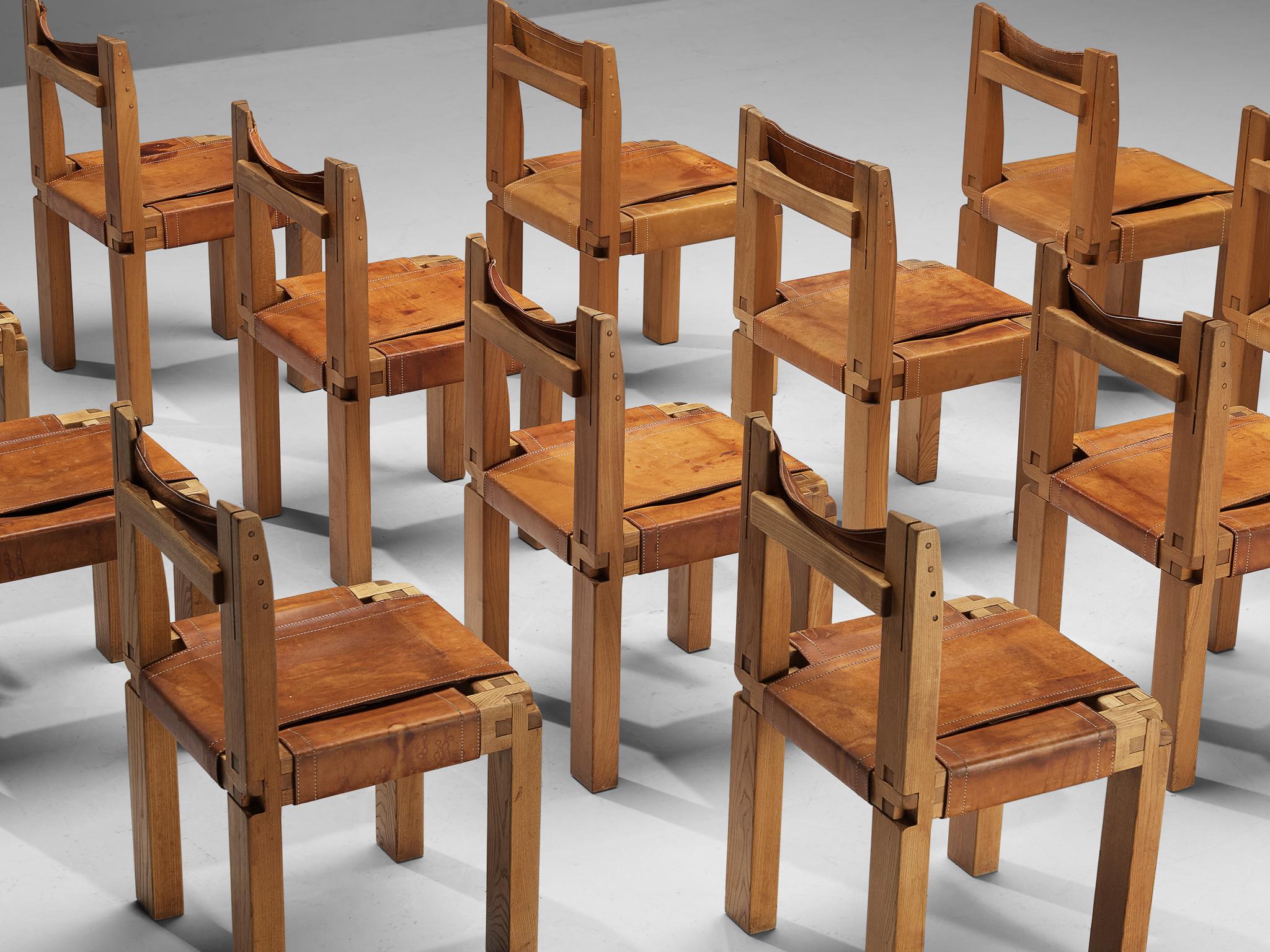 Pierre Chapo Set of Twelve Dining Chairs in Elm and Patinated Cognac Leather 2