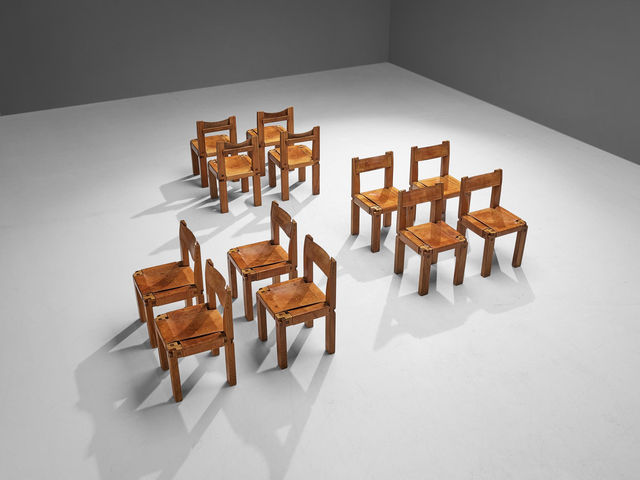 Pierre Chapo Set of Twelve Dining Chairs 'S11' in Elm and Cognac Leather 4