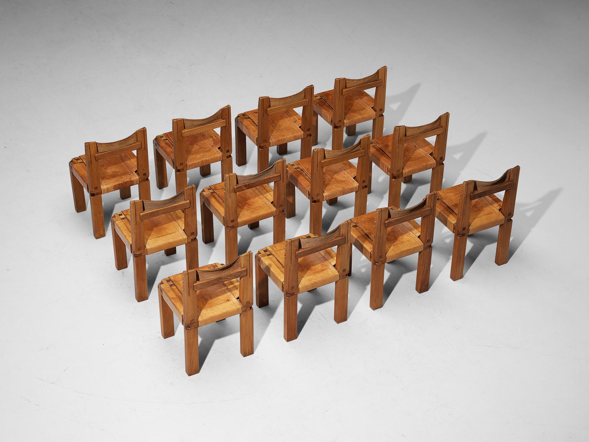Pierre Chapo Set of Twelve Dining Chairs 'S11' in Elm and Cognac Leather 6
