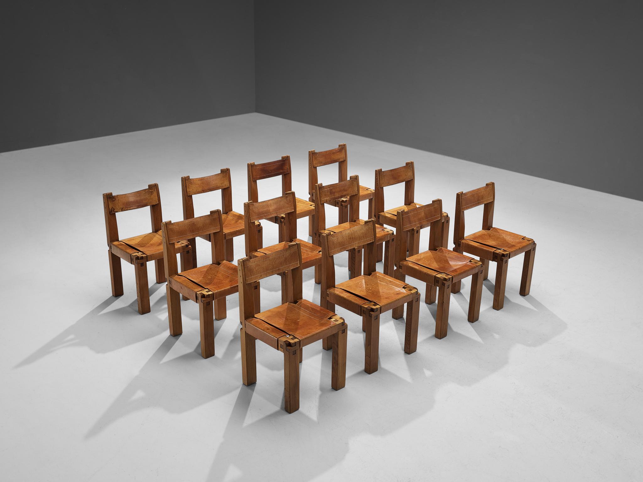 Pierre Chapo Set of Twelve Dining Chairs 'S11' in Elm and Cognac Leather 1